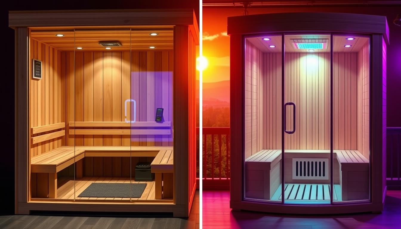 Two saunas side-by-side, one with a traditional wood-fired design and the other an infrared sauna. The traditional sauna has a rustic, earthy appearance, with warm wood paneling and a central stove. The infrared sauna has a sleek, modern aesthetic, with clean lines and a minimalist interior. Warm, vibrant lighting illuminates the saunas, creating a cozy, inviting atmosphere. The background features a serene, natural setting, perhaps a forest or mountain landscape, to emphasize the wellness-focused nature of the scene. The image aims to highlight the distinct differences in design, technology, and user experience between the two sauna types.