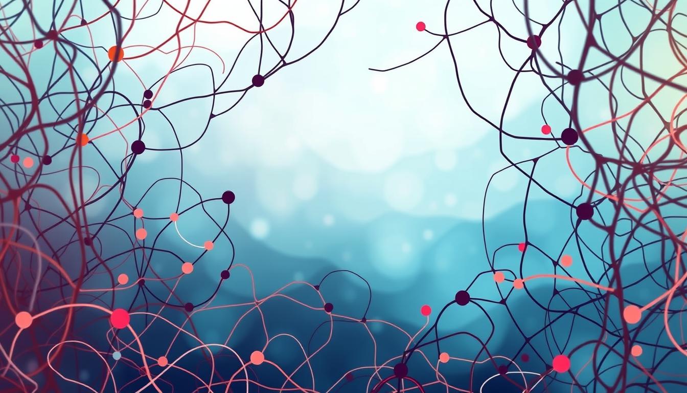 Vibrant abstract illustration depicting the concept of "Understanding Anxiety and Stress". In the foreground, an intricate network of intertwined lines and shapes symbolizes the complexities of the human mind under duress. Muted pastel hues contrast with pops of vivid color, creating a sense of emotional turmoil. The middle ground features a subtle gradient, transitioning from cool blues to warmer tones, mirroring the ebb and flow of anxiety. In the background, a hazy, out-of-focus realm suggests the overwhelming and all-encompassing nature of stress. Soft, diffused lighting casts a contemplative, introspective mood, inviting the viewer to explore the depths of this psychological landscape.