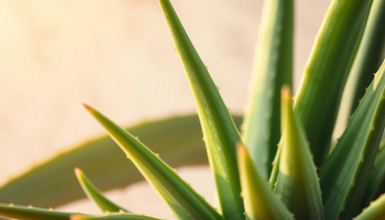 Vibrant aloe vera leaves against a soft, natural background. Close-up of the succulent plant's thick, soothing green fronds, highlighting its unique texture and moisture-rich properties. Warm, natural lighting casts a gentle glow, showcasing the plant's inherent healing and hydrating benefits for radiant, nourished skin. A serene, peaceful atmosphere, inviting the viewer to experience the calming, restorative power of this botanical skincare hero. Crisp, high-resolution details captured through a macro lens, emphasizing the intricate patterns and translucent qualities of the aloe vera's iconic leaves.