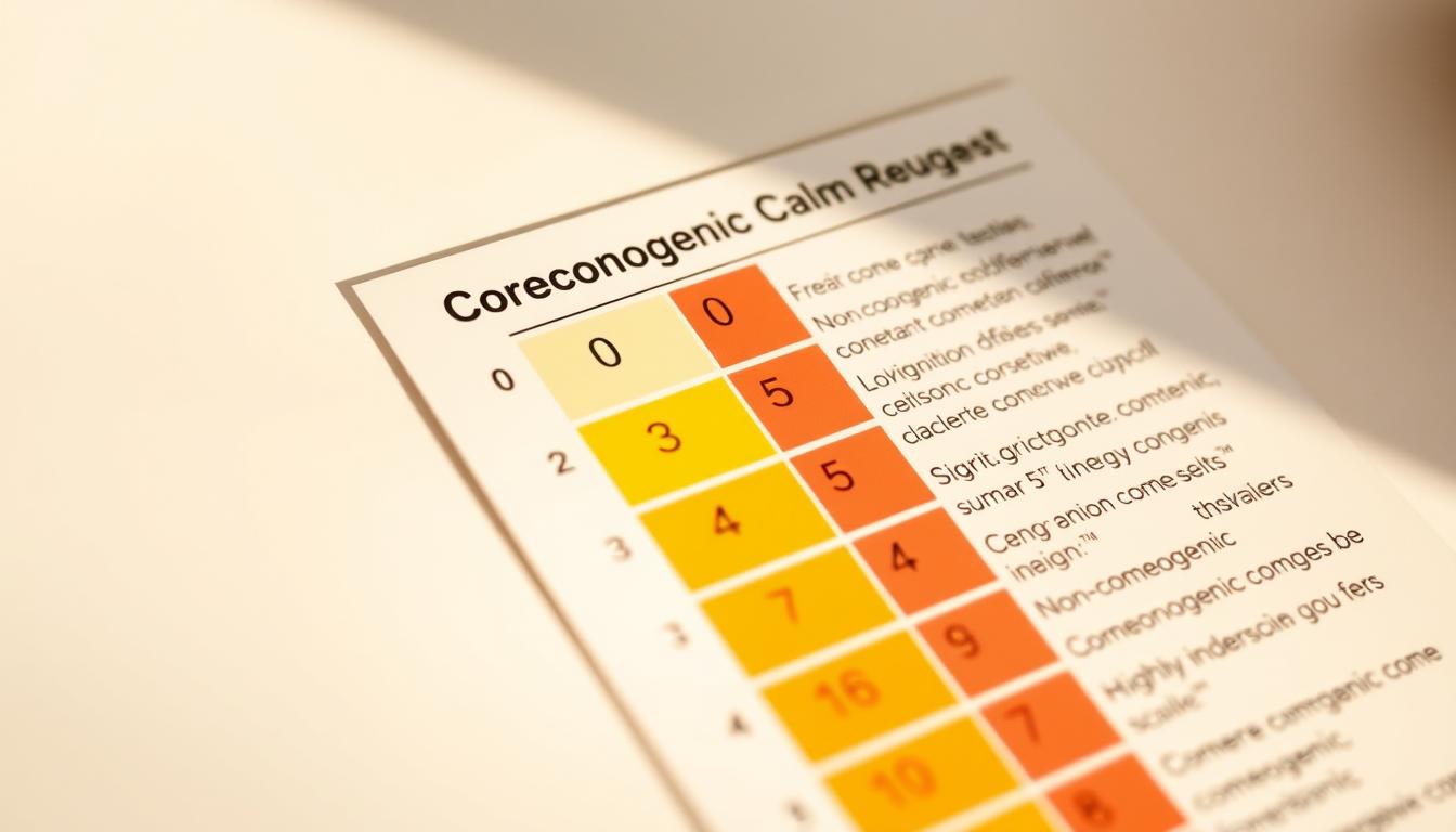 Vibrant and detailed comedogenic scale for acne-prone skin. A close-up view of a scientific chart displaying the comedogenic ratings of various skincare ingredients, from 0 (non-comedogenic) to 5 (highly comedogenic). The chart is illuminated by warm, directional lighting, casting subtle shadows and highlighting the clear, legible text and numerical ratings. The background is a clean, white surface, allowing the chart to stand out prominently. The overall mood is informative and educational, suitable for illustrating the potential side effects of certain ingredients for those with acne-prone skin.