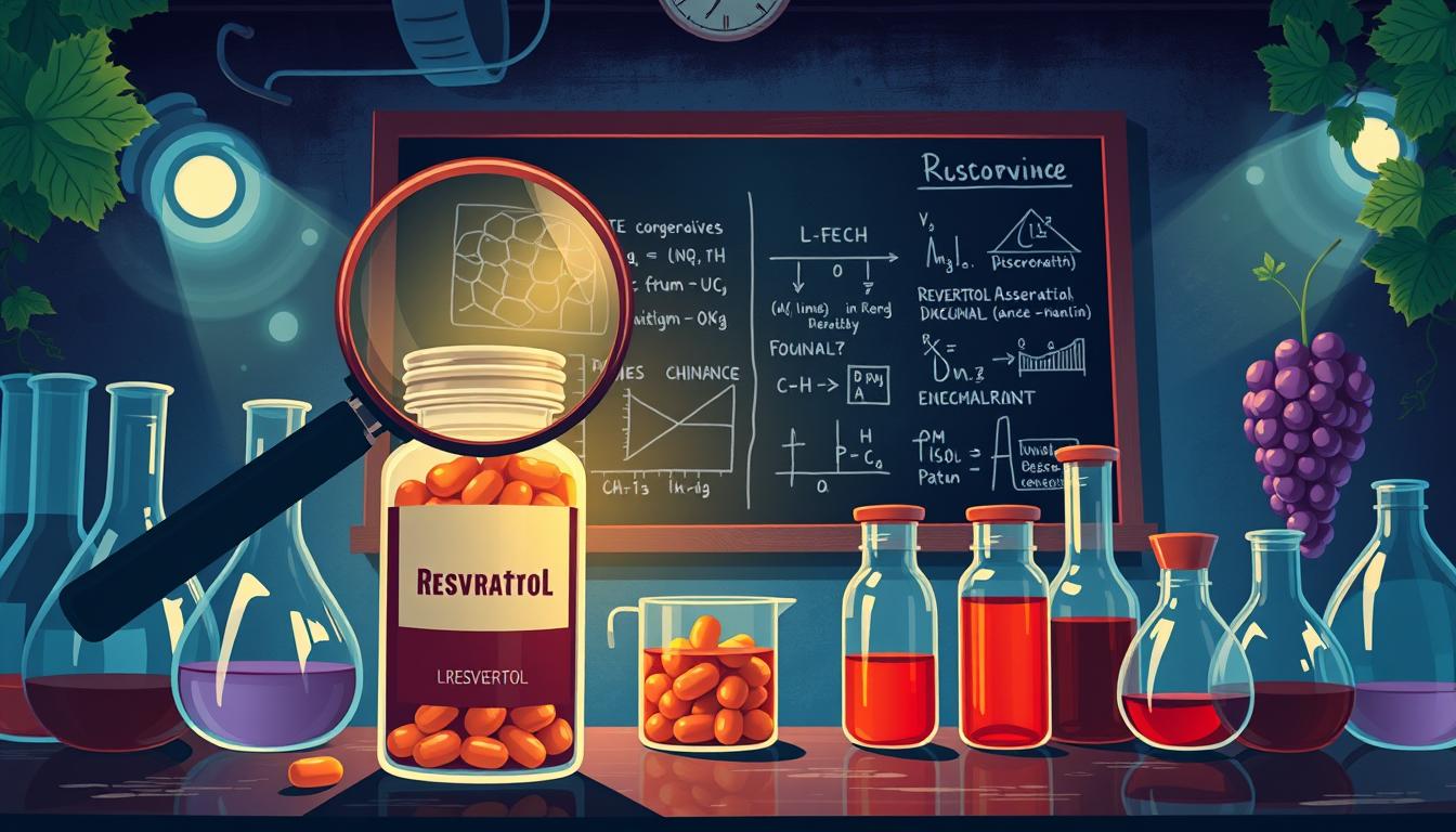Vibrant and detailed illustration of "resveratrol supplement myths", showcasing a laboratory setting with beakers, test tubes, and scientific equipment. In the foreground, a magnifying glass hovers over a bottle of resveratrol supplements, casting an inquisitive gaze. The middle ground features a chalkboard with diagrams and equations, hinting at the scientific evidence challenging common misconceptions. The background depicts a dimly lit, atmospheric laboratory, with dramatic lighting and shadows, conveying a sense of skepticism and the pursuit of truth. Subtle hints of natural elements, like grape vines, allude to the plant-based origins of resveratrol. The overall composition should evoke a visually striking and thought-provoking exploration of the science behind longevity myths. Vibrant and detailed illustration of "resveratrol supplement myths", showcasing a laboratory setting with beakers, test tubes, and scientific equipment. In the foreground, a magnifying glass hovers over a bottle of resveratrol supplements, casting an inquisitive gaze. The middle ground features a chalkboard with diagrams and equations, hinting at the scientific evidence challenging common misconceptions. The background depicts a dimly lit, atmospheric laboratory, with dramatic lighting and shadows, conveying a sense of skepticism and the pursuit of truth. Subtle hints of natural elements, like grape vines, allude to the plant-based origins of resveratrol. The overall composition should evoke a visually striking and thought-provoking exploration of the science behind longevity myths.