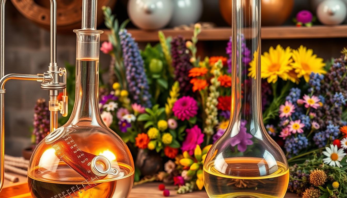 Vibrant and detailed image of essential oils extraction process. In the foreground, a glass distillation apparatus with a round bottom flask, condensing column, and collecting vessel, all illuminated by warm lighting. In the middle ground, a variety of colorful aromatic plants, herbs, and flowers, their vibrant hues and textures contrasting with the glassware. The background features a rustic, earthy setting, perhaps a wooden table or shelves, complementing the natural elements. The overall scene conveys a sense of artisanal craftsmanship, the harmonious blend of natural and scientific elements, and the therapeutic power of essential oils.