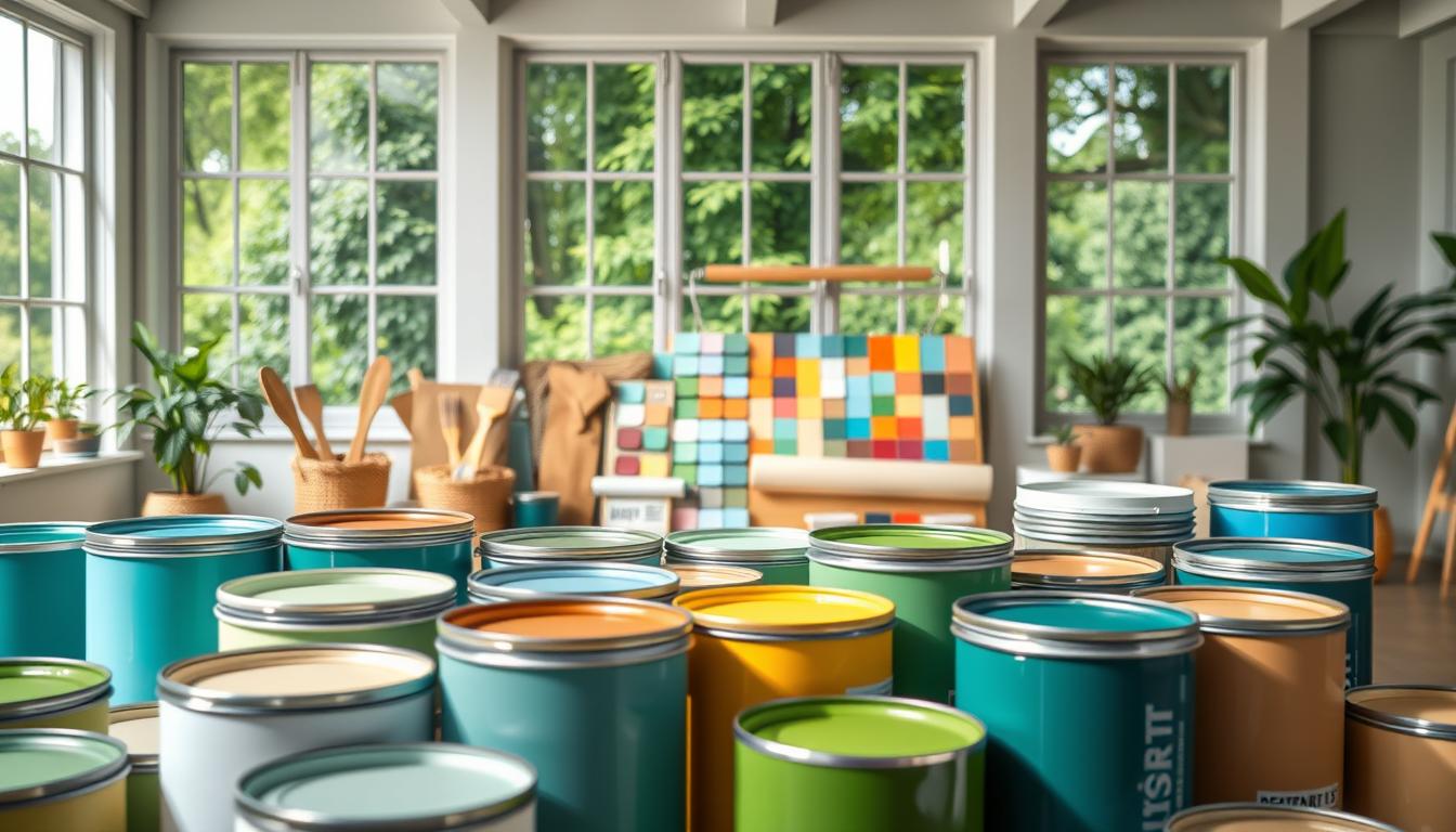 Vibrant and eco-friendly paint options in a light-filled studio setting. Foreground showcases an array of paint cans in various shades of green, blue, and earthy tones. Middle ground features paint brushes, rollers, and a color swatch display. Background depicts large windows overlooking a lush, verdant outdoor scene. Soft, natural lighting illuminates the space, highlighting the non-toxic, sustainable nature of the paint products. A serene, inviting atmosphere conveys the joy of creating a healthy, environmentally-conscious living space.