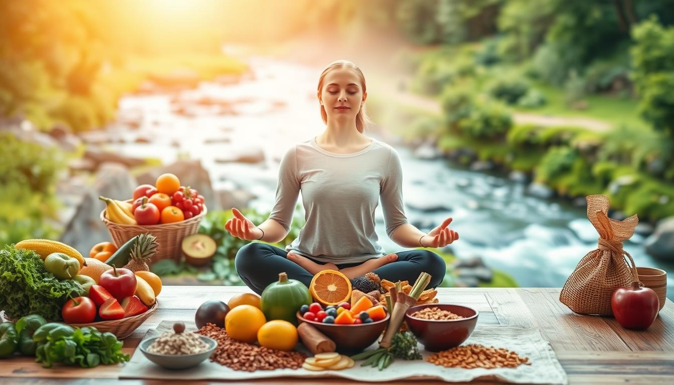Vibrant and harmonious scene depicting the holistic approach to managing cravings. In the foreground, a person sits cross-legged in a meditative pose, eyes closed, hands resting gently on their lap. Surrounding them, an array of wholesome foods - fresh fruits, vegetables, whole grains - arranged in a visually appealing manner. In the middle ground, an aura of calm energy radiates from the person, represented by soft, glowing light. In the background, a serene natural landscape with a flowing river and lush greenery, evoking a sense of balance and connection to the natural world. The lighting is warm and diffused, creating a tranquil, nurturing atmosphere. The composition is well-balanced, drawing the viewer's attention to the central figure and the harmonious integration of mind, body, and environment. Vibrant and harmonious scene depicting the holistic approach to managing cravings. In the foreground, a person sits cross-legged in a meditative pose, eyes closed, hands resting gently on their lap. Surrounding them, an array of wholesome foods - fresh fruits, vegetables, whole grains - arranged in a visually appealing manner. In the middle ground, an aura of calm energy radiates from the person, represented by soft, glowing light. In the background, a serene natural landscape with a flowing river and lush greenery, evoking a sense of balance and connection to the natural world. The lighting is warm and diffused, creating a tranquil, nurturing atmosphere. The composition is well-balanced, drawing the viewer's attention to the central figure and the harmonious integration of mind, body, and environment.
