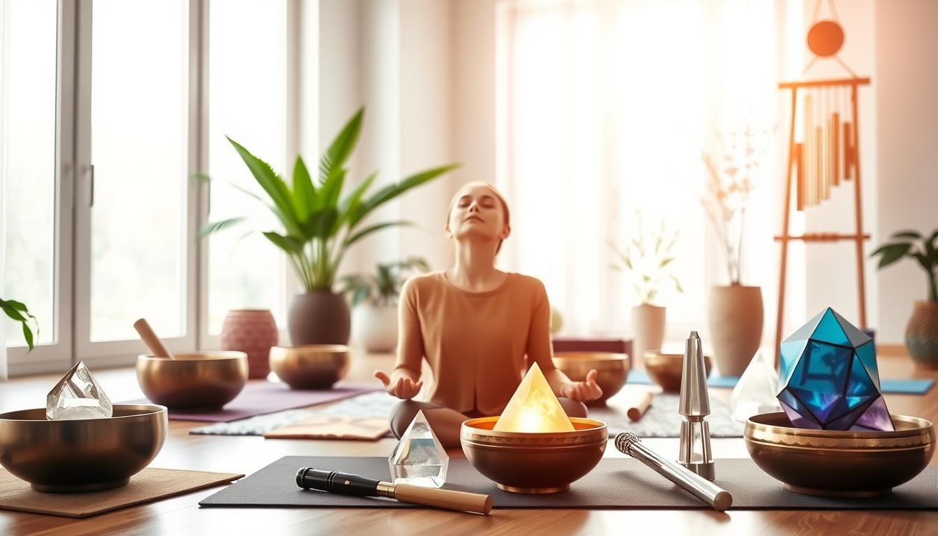 Vibrant and serene sound therapy session in a tranquil studio. In the foreground, a person sitting on a yoga mat, eyes closed, absorbing the calming sounds of singing bowls and crystal pyramids. Diffused lighting filters through large windows, creating a warm, inviting atmosphere. The middle ground features an array of therapeutic sound tools - Tibetan singing bowls, crystal pyramids, chimes, and tuning forks. In the background, natural elements like lush plants and a minimalist decor evoke a sense of wellness and mindfulness. The overall scene radiates a peaceful, restorative energy, capturing the key benefits of sound therapy for mental health.