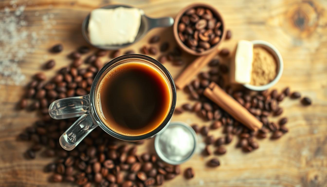 Vibrant and swirling arrangement of keto-friendly ingredients for a bulletproof coffee, captured in a top-down view. In the foreground, a glass mug with freshly brewed coffee, surrounded by a scattering of high-quality unsalted butter, MCT oil, and a spoon for stirring. The middle ground features a handful of roasted coffee beans, a cinnamon stick, and a small dish of collagen powder. The background showcases a textured wooden surface, bathed in warm, diffused lighting that casts a cozy, inviting atmosphere. The overall composition highlights the essential elements needed to create a nourishing, keto-safe bulletproof coffee.