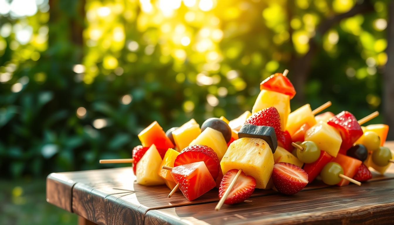 Vibrant, appetizing fruit kabobs arranged on a rustic wooden picnic table, with a blurred natural backdrop of lush greenery and sunlight filtering through the leaves. The kabobs feature an assortment of fresh, juicy fruits such as watermelon cubes, pineapple chunks, strawberries, grapes, and orange slices, all skewered and presented in a visually appealing manner. The lighting is warm and inviting, casting a soft glow on the vibrant colors of the fruits. The overall composition exudes a sense of freshness, healthiness, and the joy of outdoor dining. Vibrant, appetizing fruit kabobs arranged on a rustic wooden picnic table, with a blurred natural backdrop of lush greenery and sunlight filtering through the leaves. The kabobs feature an assortment of fresh, juicy fruits such as watermelon cubes, pineapple chunks, strawberries, grapes, and orange slices, all skewered and presented in a visually appealing manner. The lighting is warm and inviting, casting a soft glow on the vibrant colors of the fruits. The overall composition exudes a sense of freshness, healthiness, and the joy of outdoor dining.