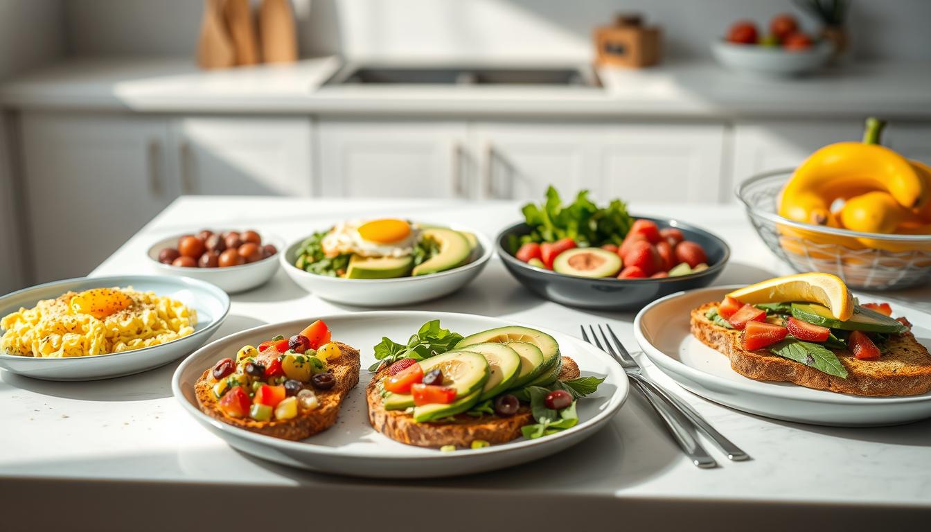 Vibrant, appetizing low-carb meal prep dishes neatly arranged on a clean, minimalist kitchen counter. A variety of healthy breakfast options including scrambled eggs, avocado toast, and fresh fruit, all photographed in natural light with a soft, diffused glow. The dishes are beautifully presented, with a focus on simplicity and ease of preparation. The overall atmosphere is calm, inviting, and designed to inspire the busy home cook to prioritize nutritious, low-carb meals even on the most hectic mornings.