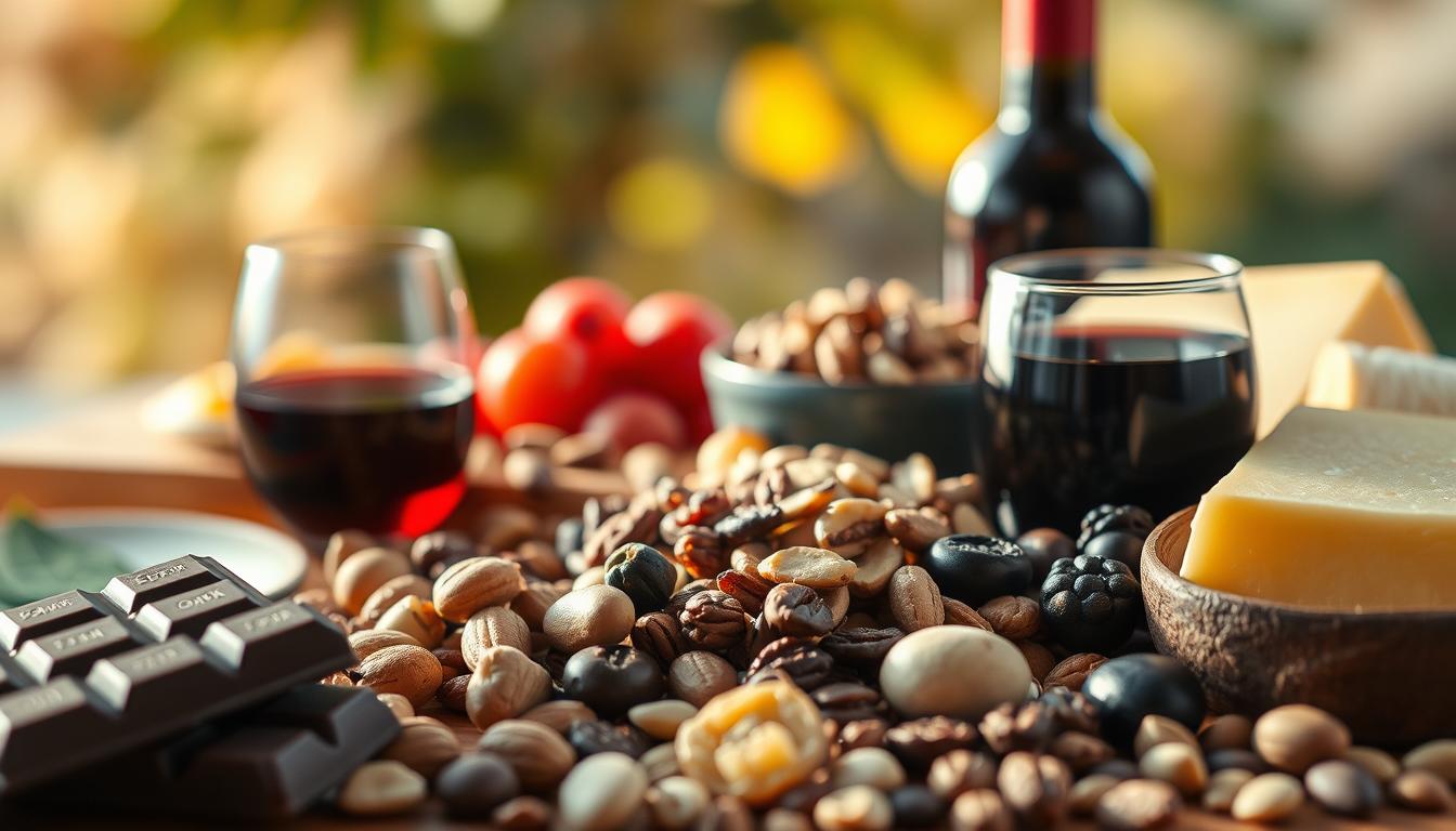 Vibrant arrangement of common migraine trigger foods, captured in a close-up, high-resolution photograph. In the foreground, a variety of brightly colored items including dark chocolate, red wine, and aged cheeses. In the middle ground, various nuts, seeds, and dried fruits. The background features a soft, blurred out, natural setting, emphasizing the organic nature of the ingredients. Crisp, warm lighting from the side casts dramatic shadows, accentuating the textures and colors of the items. The overall mood is one of thoughtful contemplation, inviting the viewer to consider the relationship between diet and migraine headaches. Vibrant arrangement of common migraine trigger foods, captured in a close-up, high-resolution photograph. In the foreground, a variety of brightly colored items including dark chocolate, red wine, and aged cheeses. In the middle ground, various nuts, seeds, and dried fruits. The background features a soft, blurred out, natural setting, emphasizing the organic nature of the ingredients. Crisp, warm lighting from the side casts dramatic shadows, accentuating the textures and colors of the items. The overall mood is one of thoughtful contemplation, inviting the viewer to consider the relationship between diet and migraine headaches.