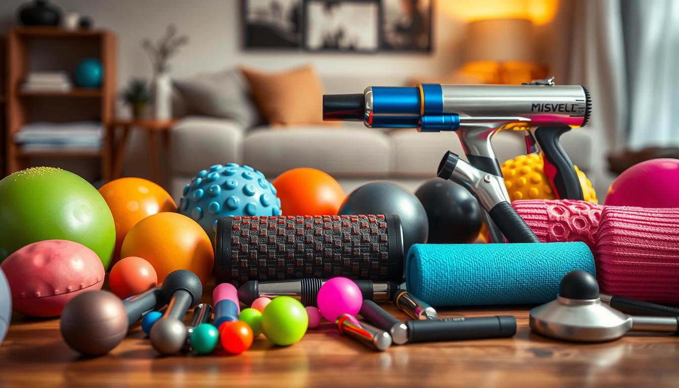 Vibrant assortment of home fascia care tools laid out on a wooden surface. In the foreground, an array of massage balls, foam rollers, and trigger point release tools in various colors and textures. In the middle ground, a massage gun and handheld fascia blaster, their metallic bodies gleaming under warm, directional lighting. In the background, a soft, blurred backdrop of a cozy, well-lit home interior, hinting at the tools' purpose of self-care and pain relief. The overall composition conveys a sense of professionalism and functionality, inspiring the viewer to take an active role in their own fascia health and mobility. Vibrant assortment of home fascia care tools laid out on a wooden surface. In the foreground, an array of massage balls, foam rollers, and trigger point release tools in various colors and textures. In the middle ground, a massage gun and handheld fascia blaster, their metallic bodies gleaming under warm, directional lighting. In the background, a soft, blurred backdrop of a cozy, well-lit home interior, hinting at the tools' purpose of self-care and pain relief. The overall composition conveys a sense of professionalism and functionality, inspiring the viewer to take an active role in their own fascia health and mobility.