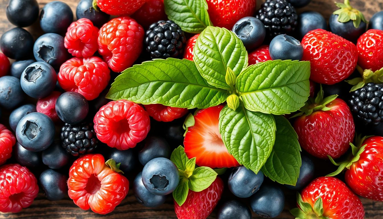 Vibrant assortment of juicy, ripe berries - blueberries, raspberries, blackberries, and strawberries - cascading across a rustic wooden surface. Soft, natural lighting illuminates the berries, highlighting their rich, jewel-toned colors and glossy skins. The arrangement is artfully composed, showcasing the berries' inherent beauty and bountiful antioxidant properties. Vibrant green leaves provide a lush, verdant contrast, hinting at the berries' fresh, wholesome origins. The overall scene evokes a sense of nature's abundance and the restorative power of these antioxidant-rich superfood gems.