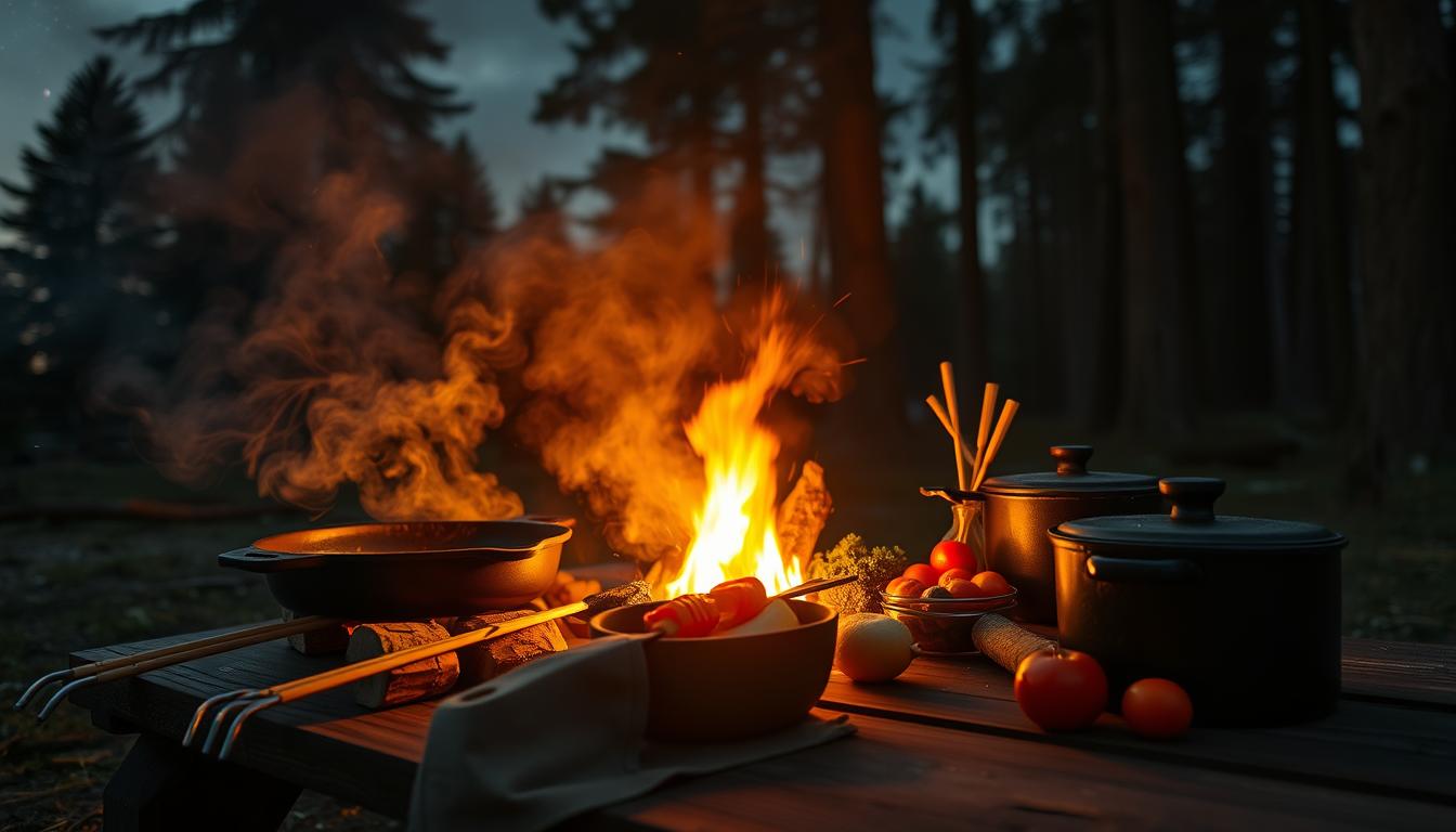 Vibrant campfire in a secluded outdoor setting, illuminating a rustic wood table with a variety of low-carb cooking implements - cast iron skillet, bamboo skewers, a Dutch oven, and assorted fresh ingredients. The scene is captured from a low angle, highlighting the warm glow of the fire and the silhouettes of the cooking tools against an atmospheric backdrop of towering trees and a starry night sky. The overall mood is one of tranquility and culinary exploration, inviting the viewer to envision healthier outdoor culinary adventures.