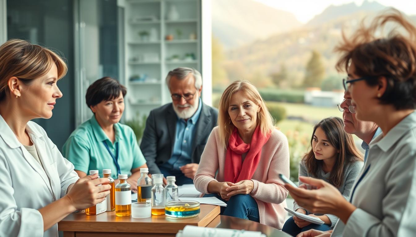 Vibrant case study demographics depicting homeopathic treatment in Germany and Switzerland. In the foreground, a diverse group of patients from various age groups and ethnicities, engaged in discussion with their homeopathic practitioners. The middle ground showcases the tools and methods of homeopathic practice, such as vials, petri dishes, and reference materials. The background depicts the modern, well-equipped clinics and natural settings where these treatments take place, with a warm, inviting atmosphere. Soft, diffused lighting creates a sense of serenity and focus, while the overall composition conveys the integrative, holistic approach of homeopathy.