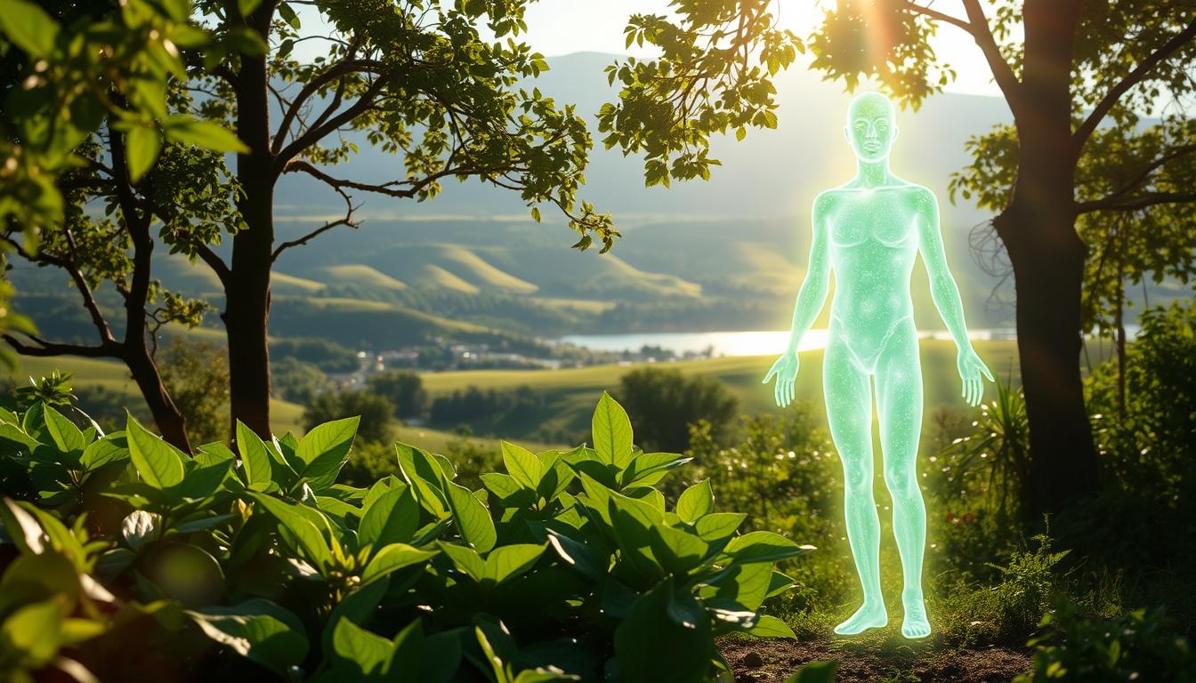 Vibrant cellular rejuvenation in a serene, natural setting. In the foreground, a glowing, translucent human figure representing the rejuvenation of cells during water fasting, surrounded by a soft, ethereal light. In the middle ground, lush, verdant foliage in shades of green, symbolizing the nourishment and growth of healthy cells. In the background, a tranquil, sun-dappled landscape with rolling hills and a calm, reflective body of water, conveying a sense of peace and balance. The overall composition evokes a sense of harmony, wellness, and the restorative power of water fasting.