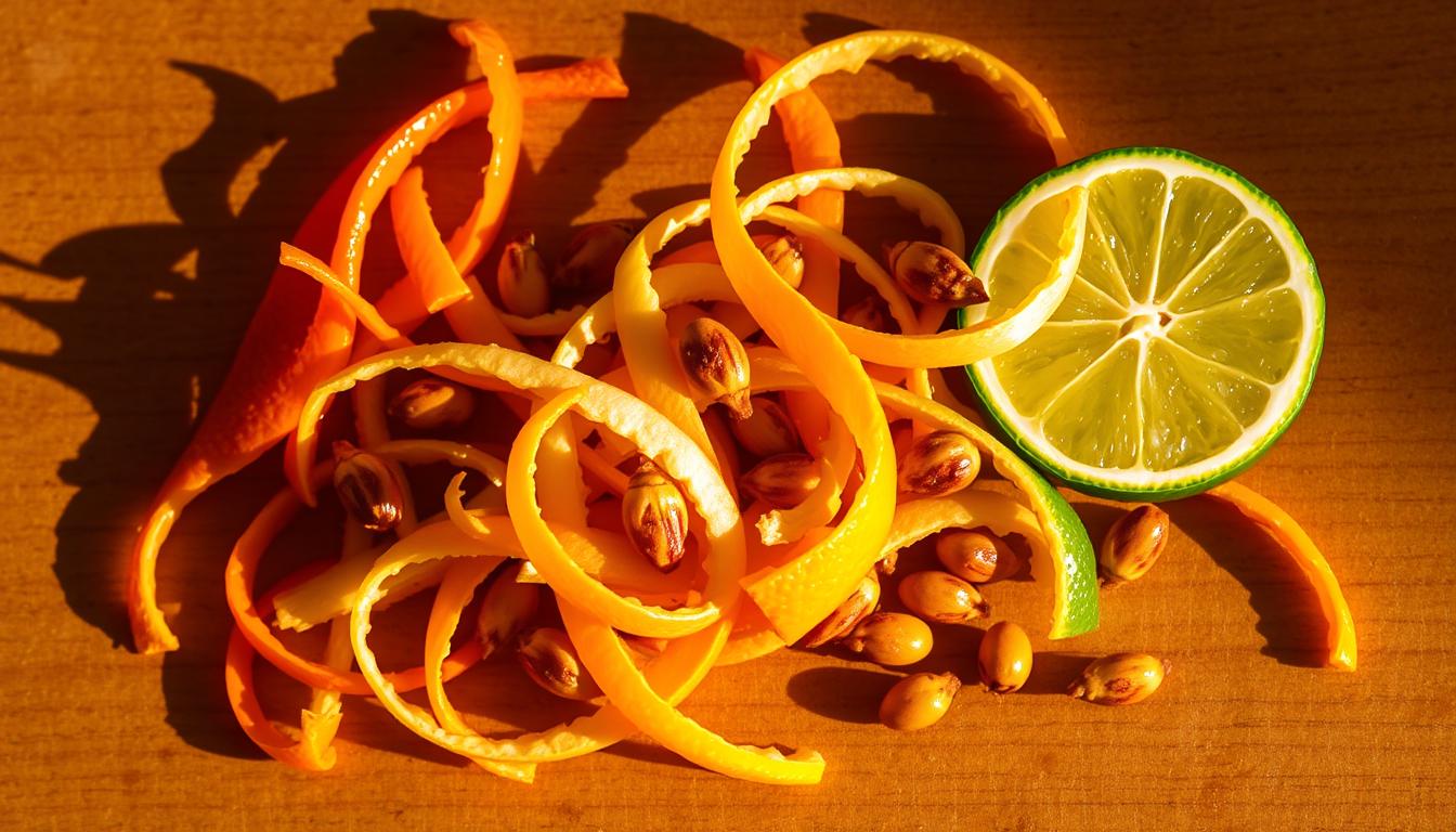 Vibrant citrus zest and seeds artfully arranged on a wooden surface, casting dynamic shadows and highlights. Delicate slivers of orange, lemon, and lime peel intertwine, their aromatic oils glistening under the warm, directional lighting. Interspersed among the peels are plump, juicy seeds in shades of amber and gold, hinting at the bold flavors waiting to be unleashed. The composition is balanced and visually striking, inviting the viewer to imagine the transformative effect these unexpected ingredients can have on low-carb dishes.