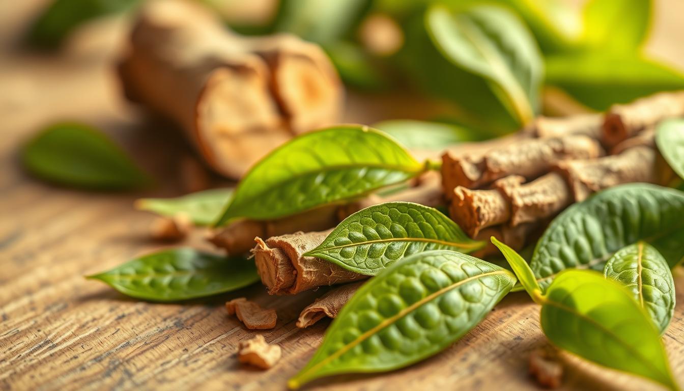 Vibrant, close-up image of fresh green tea leaves and licorice root on a natural wood surface. Soft, warm lighting highlights the rich, earthy tones of the ingredients. The leaves and roots are carefully arranged in a visually appealing composition, showcasing their natural beauty and suggesting their skincare benefits. The background is slightly blurred, keeping the focus on the star ingredients. The overall mood is serene and inviting, conveying the restorative, nourishing properties of these potent botanical extracts.