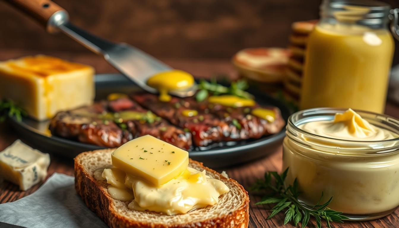 Vibrant close-up of a variety of creative uses for traditional butter, showcased on a rustic wooden table. In the foreground, a slice of crusty bread is topped with a generous pat of glistening golden butter, accompanied by a scoop of herb-infused compound butter. In the middle ground, a sizzling steak is basted with melted butter, its juices glistening under the warm, soft lighting. In the background, a stack of pancakes is drizzled with a rich, creamy butter sauce, while a glass jar filled with whipped, spreadable butter stands ready to be used. The scene exudes a warm, homely atmosphere, inviting the viewer to explore the versatility of this age-old dairy product.