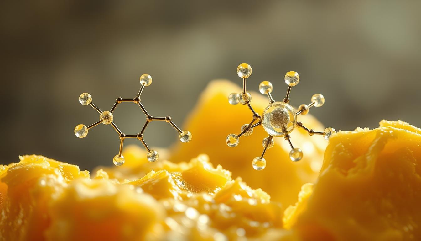 Vibrant close-up of butter composed of fatty acids, highlighted in a warm, soft-focus lighting. The foreground features a rich, creamy texture with visible golden hues and crystalline structures. In the middle ground, intricate molecular structures of essential fatty acids like omega-3 and omega-6 are rendered in intricate detail, symbolizing their skin health benefits. The background is blurred, creating a sense of depth and focus on the key ingredients. The overall composition conveys the natural, nourishing properties of butter for skincare.