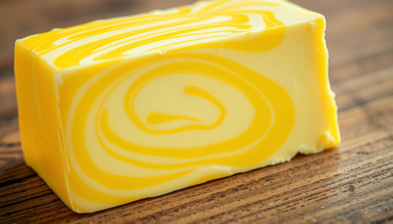 Vibrant close-up shot of a slab of butter on a wooden surface, revealing the intricate structure and rich color of the dairy product. Swirling patterns of yellow and white capture the natural beauty of butter's fatty acids and vitamins, including omega-3s and vitamins A, D, and E. The image is lit from the side, casting soft shadows that emphasize the textural details. The overall composition is clean and balanced, allowing the butter to take center stage and showcase its health benefits in an appetizing, visually compelling manner.