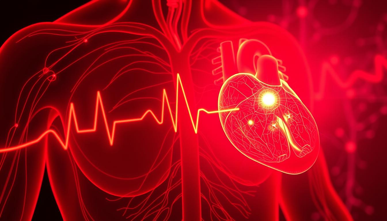 Vibrant crimson glow envelops a cross-section of the human cardiovascular system, showcasing the intricate network of arteries and veins. The pulsing red light therapy illuminates the delicate structures, promoting cellular regeneration and improved blood flow. In the foreground, a detailed illustration of a healthy heart muscle pulses with renewed vigor, its chambers expanding and contracting rhythmically. The middle ground reveals the intricate branching of the coronary arteries, their walls glowing with a warm, therapeutic radiance. In the background, a softly-blurred circulatory system fades into the distance, subtly suggesting the far-reaching benefits of this powerful, non-invasive treatment.