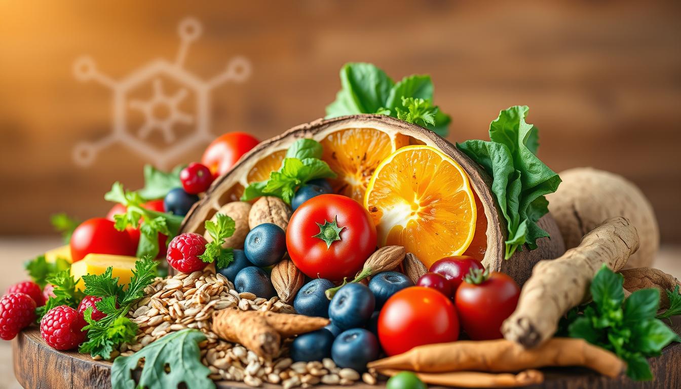 Vibrant cross-section illustration of an anti-inflammatory diet, showcasing a variety of fresh, whole foods. In the foreground, colorful fruits and vegetables such as berries, leafy greens, tomatoes, and turmeric root are arranged in an organic, natural composition. The middle ground features whole grains, nuts, and seeds, symbolizing the fiber and healthy fats that contribute to reducing inflammation. In the background, a subtle scientific diagram or molecular structure highlights the underlying mechanisms by which these foods exert their anti-inflammatory effects. Warm, natural lighting enhances the vibrant colors and conveys a sense of health and vitality.