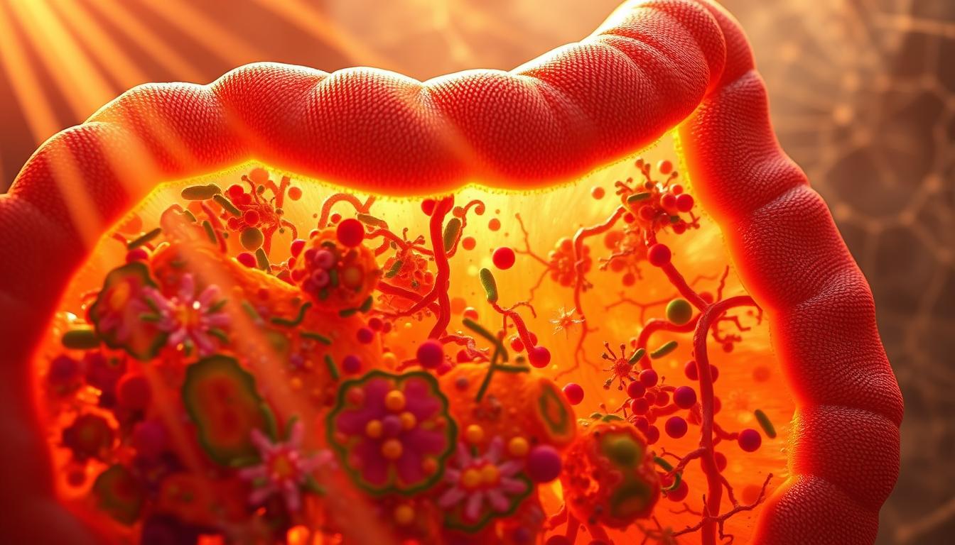 Vibrant cross-section of a healthy gut, showcasing the intricate balance of the gut microbiome. In the foreground, clusters of diverse, colorful microbes thrive amidst a lush, textured landscape of intestinal villi. Rays of warm, golden light filter through the translucent tissue, illuminating the delicate yet robust ecosystem. In the middle ground, a network of blood vessels and neural pathways intertwine, symbolizing the gut-brain connection. The background fades into a hazy, abstract pattern, representing the complex interactions between the microbiome and the body's systems. The overall composition conveys the harmony and vitality of a well-functioning digestive system.