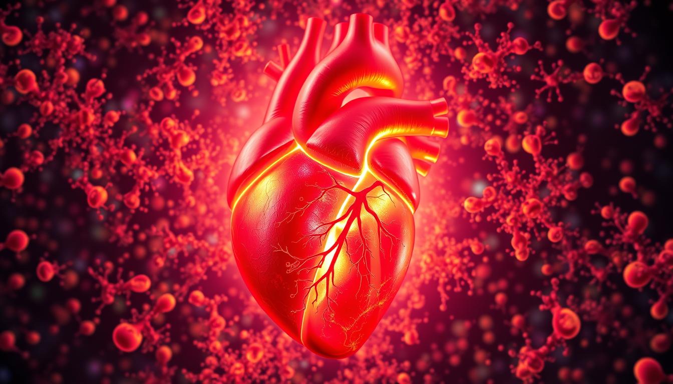 Vibrant cross-section of a human heart surrounded by a swirling galaxy of colorful microorganisms, representing the intricate connection between gut microbiome and cardiovascular health. Detailed anatomical structures of the heart juxtaposed with a microscopic view of diverse gut bacteria, illuminated by warm, diffused lighting that casts a serene, contemplative atmosphere. The composition balances the macro and micro scales, inviting the viewer to explore the profound influence of the microbiome on overall wellbeing.