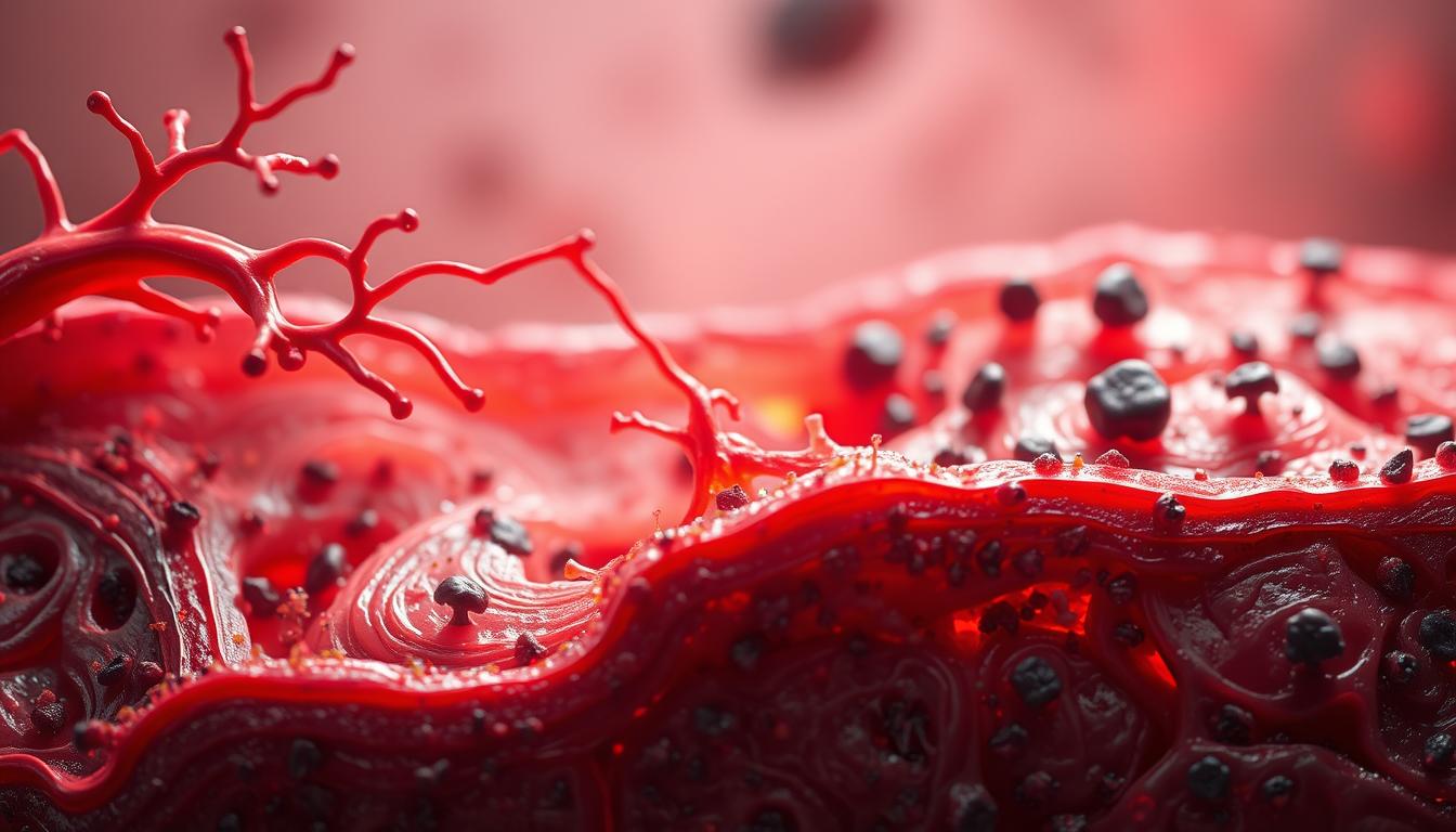 Vibrant cross-section of inflamed tissue, showcasing the intricate network of blood vessels, inflammatory cells, and damaged cells. The foreground depicts swollen capillaries and leukocytes actively responding to the inflammatory stimulus, while the middle ground reveals damaged tissue and cellular debris. The background features a muted, hazy palette, suggesting the systemic impact of chronic inflammation. Lit by soft, diffused lighting that emphasizes the dynamic interplay of the various elements, creating a captivating and visually informative representation of the body's defense mechanism gone awry.