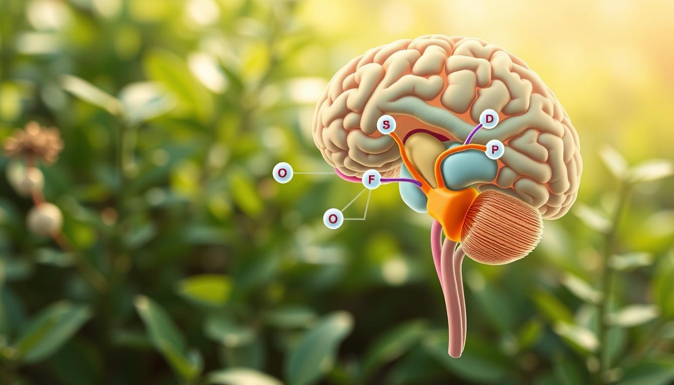 Vibrant, detailed anatomical illustration of the HPA (hypothalamic-pituitary-adrenal) axis and cortisol regulation. In the foreground, a cross-section of the brain reveals the hypothalamus, pituitary gland, and adrenal glands. The middle ground showcases the hormonal pathways and feedback loops, with cortisol molecules flowing through. The background features a serene, naturalistic setting with lush greenery, hinting at the soothing, adaptogenic properties of certain plants. Crisp, high-resolution rendering with a focus on scientific accuracy and visual aesthetics to complement the article's subject.