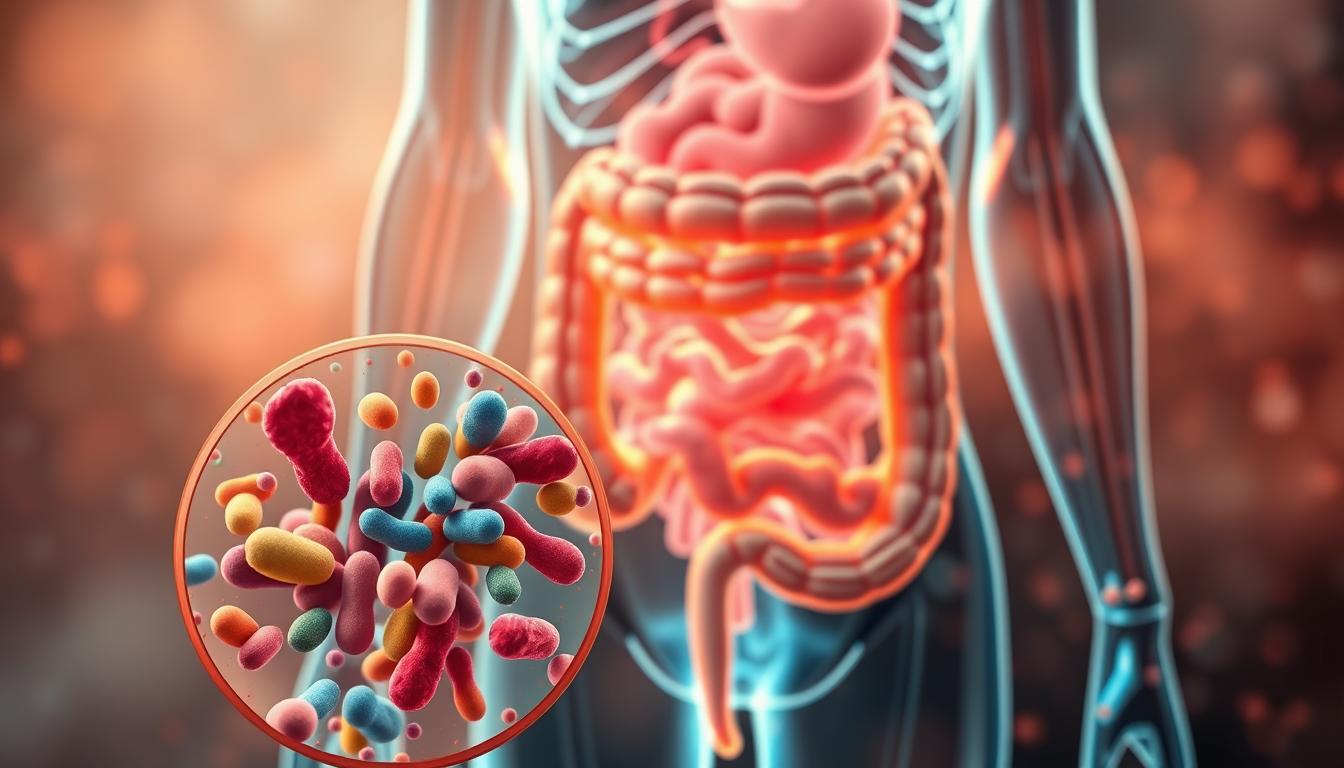 Vibrant, detailed anatomical illustration of the human digestive system, with the gut microbiome prominently featured. In the foreground, a microscopic view showcases diverse gut bacteria, their shapes and colors representing a balanced, healthy microbiome. The middle ground depicts the internal organs, intestines, and neural pathways, highlighting the direct connection between the gut and the brain. In the background, a moody, ethereal landscape of mental health disorders, such as anxiety, depression, and cognitive impairment, subtly intertwine with the gut imagery, symbolizing the intricate relationship between emotional and gut health. Warm, natural lighting casts a soothing glow, while a soft, hazy atmosphere evokes a sense of introspection and understanding.