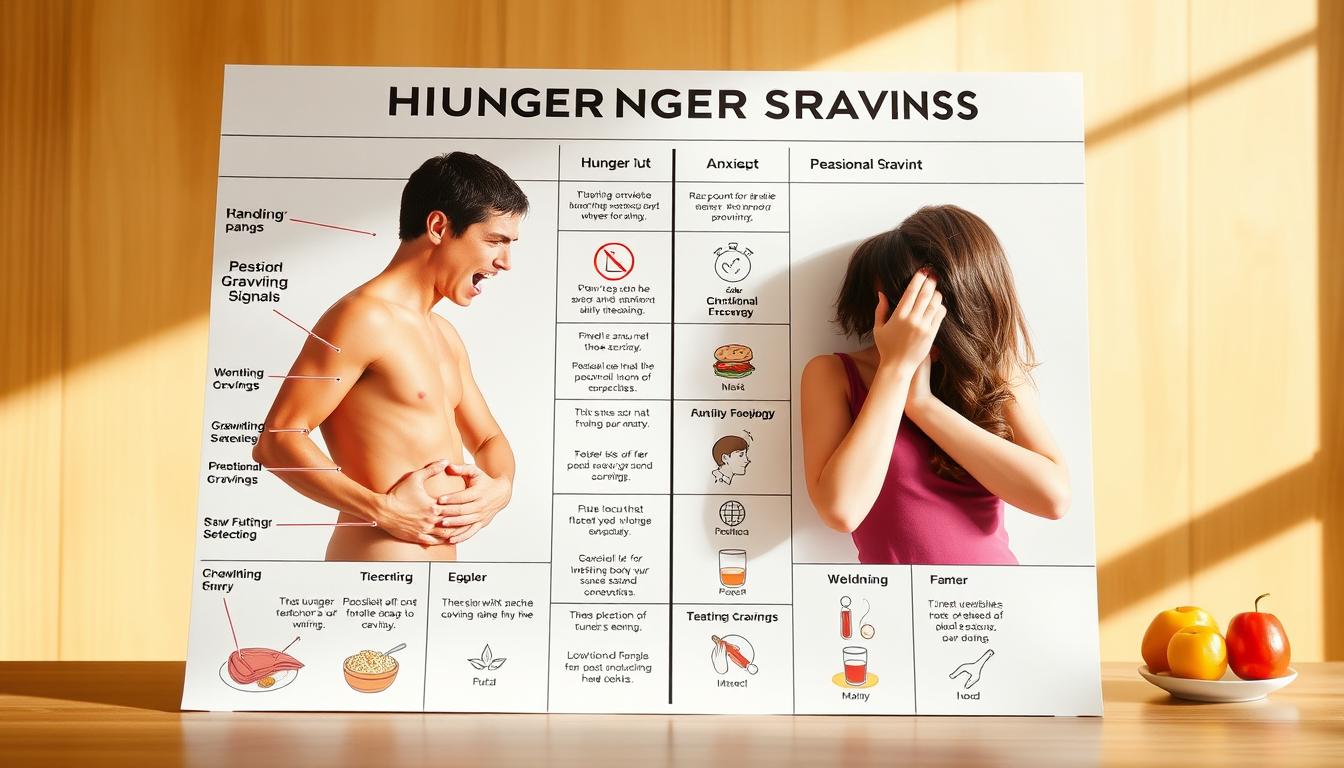 Vibrant, detailed comparison chart showcasing distinct physiological hunger signals versus emotional cravings. In the foreground, realistic depictions of hunger pangs, growling stomach, and dwindling energy contrasted with anxious fidgeting, heightened desire, and mood swings. The middle ground features a clean, scientific layout with neat sections, crisp typography, and intuitive icons. The background emits a warm, natural lighting, giving the image a calming, educational atmosphere suitable for an informative article on the topic. Vibrant, detailed comparison chart showcasing distinct physiological hunger signals versus emotional cravings. In the foreground, realistic depictions of hunger pangs, growling stomach, and dwindling energy contrasted with anxious fidgeting, heightened desire, and mood swings. The middle ground features a clean, scientific layout with neat sections, crisp typography, and intuitive icons. The background emits a warm, natural lighting, giving the image a calming, educational atmosphere suitable for an informative article on the topic.