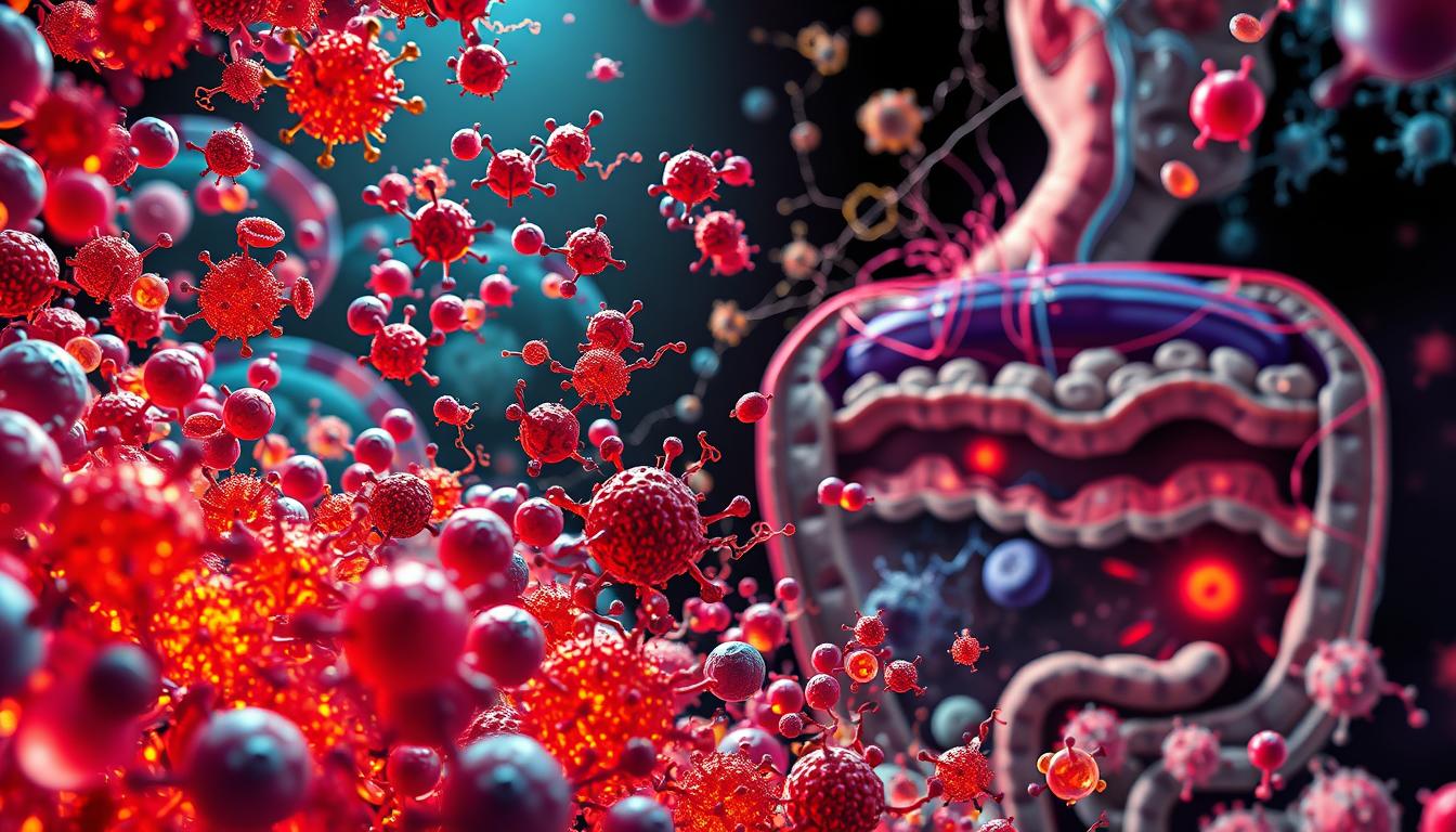 Vibrant, detailed rendering of bacterial metabolites and immune cells interacting in a complex biological landscape. In the foreground, a swarm of diverse microbe-derived molecules dance with attentive lymphocytes and phagocytes, their forms glowing with intricate textures and dynamic colors. In the middle ground, a network of cellular pathways and signaling cascades unfolds, hinting at the hidden mechanisms of molecular mimicry. The background depicts a stylized cross-section of the gut, with layers of epithelial tissue, vascular structures, and the interplay of commensal and pathogenic microbiota. Dramatic lighting casts dramatic shadows, emphasizing the dramatic, almost cinematic nature of this microcosmic conflict.