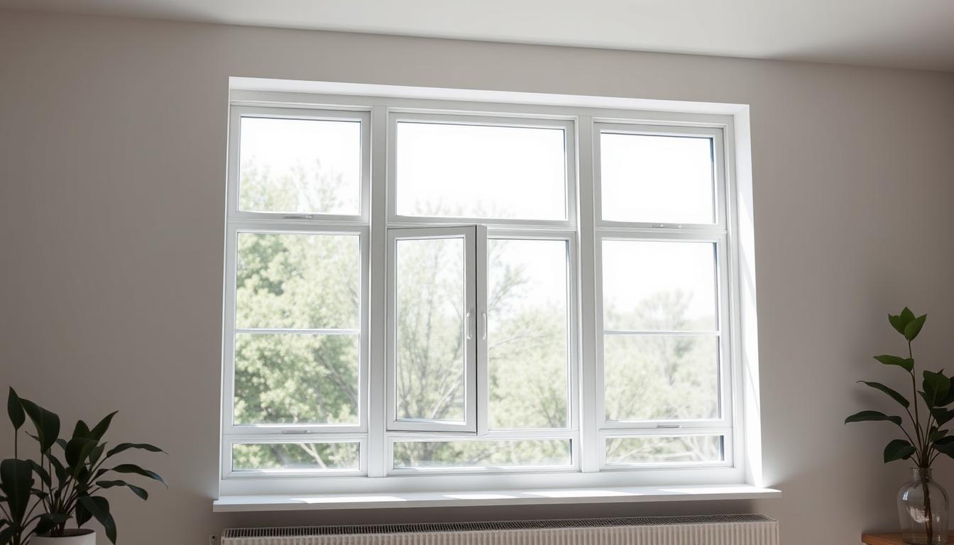 Vibrant, energy-efficient windows with a modern, sleek design. The windows are made of high-quality materials that provide excellent insulation, reducing energy consumption and utility bills. They feature a clean, minimalist aesthetic with a slight tint to the glass, allowing natural light to filter in while blocking harmful UV rays. The windows are positioned in a well-lit, spacious room, showcasing their efficiency and aesthetic appeal. The overall scene conveys a sense of comfort, sustainability, and environmental consciousness, aligning with the article's focus on making homes more eco-friendly and healthy.