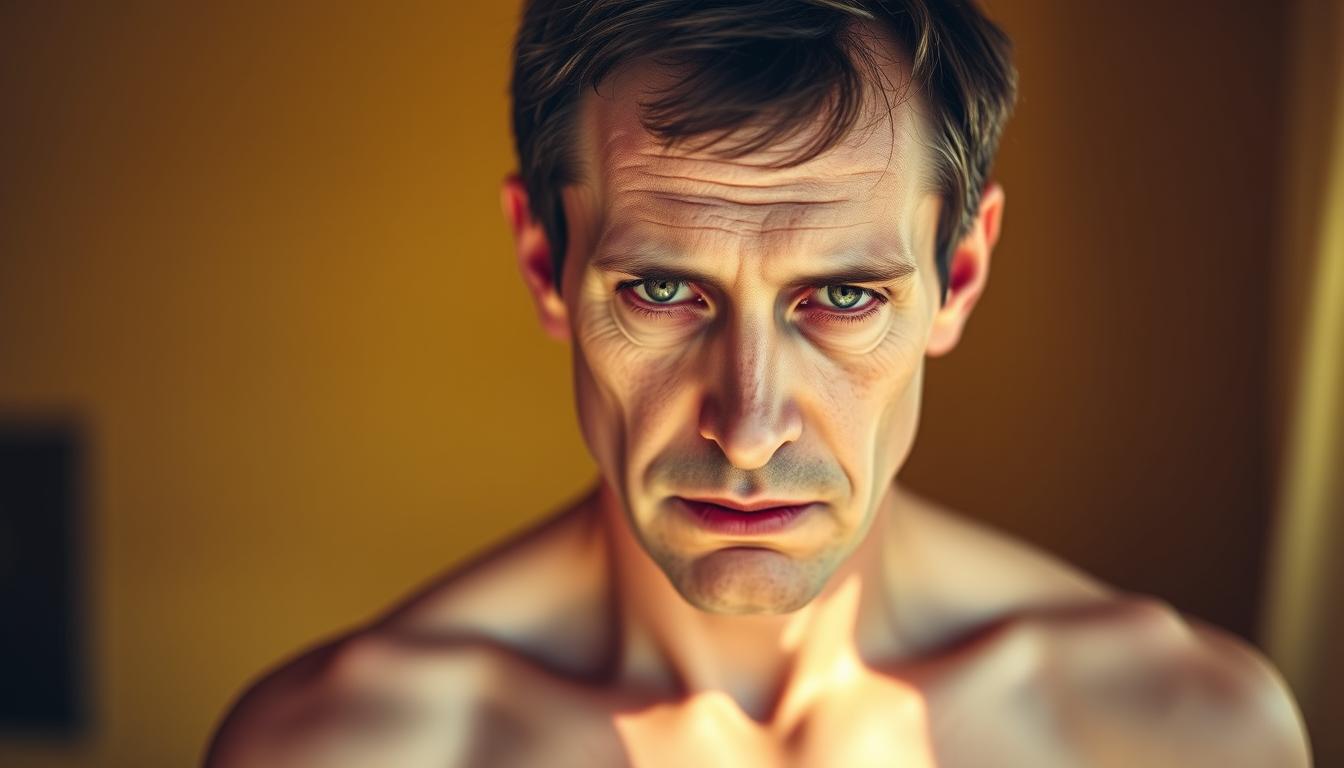 Vibrant full-body portrait of a person experiencing the effects of vitamin D deficiency. The subject appears pale, fatigued, and lacking in energy, with dark circles under their eyes. Their skin has a dull, lackluster appearance, and their posture is slouched, suggesting a lack of strength and vitality. The background is blurred, keeping the focus on the subject's facial features and physical condition. Warm, soft lighting illuminates the scene, creating a pensive, introspective mood. The image conveys the hidden, debilitating impact of vitamin D deficiency on overall health and well-being.