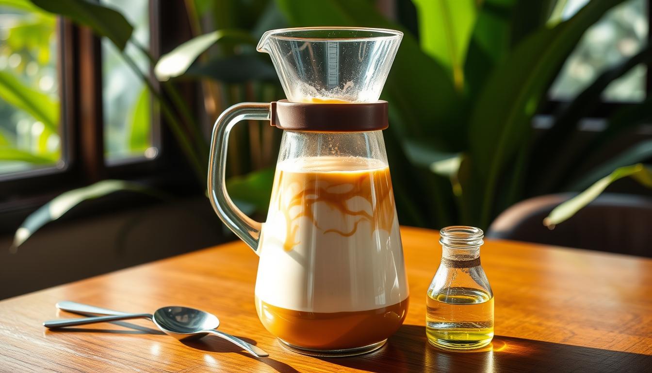 Vibrant glass coffee carafe on a wooden table, filled with a creamy, swirling keto coffee concoction. A spoon and small glass bottle of MCT oil nestled nearby, against a backdrop of tropical foliage and sunlight filtering through a window. The scene exudes a sense of relaxation and wellness, capturing the essence of a travel-friendly, keto-friendly coffee preparation ritual.