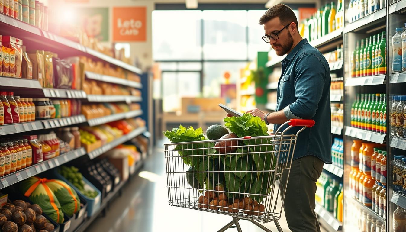 Vibrant grocery store aisle, with a low-carb shopper's cart at the center, filled with keto-friendly foods like leafy greens, avocados, nuts, and low-sugar fruits. Bright natural lighting streams in from the large windows, casting a warm glow on the scene. The shopper stands next to the cart, studying a list, with a look of focused determination. Colorful labels and packaging on the shelves create a visually dynamic backdrop, hinting at the variety of low-carb options available. The overall atmosphere is one of health, wellness, and a purposeful approach to grocery shopping.