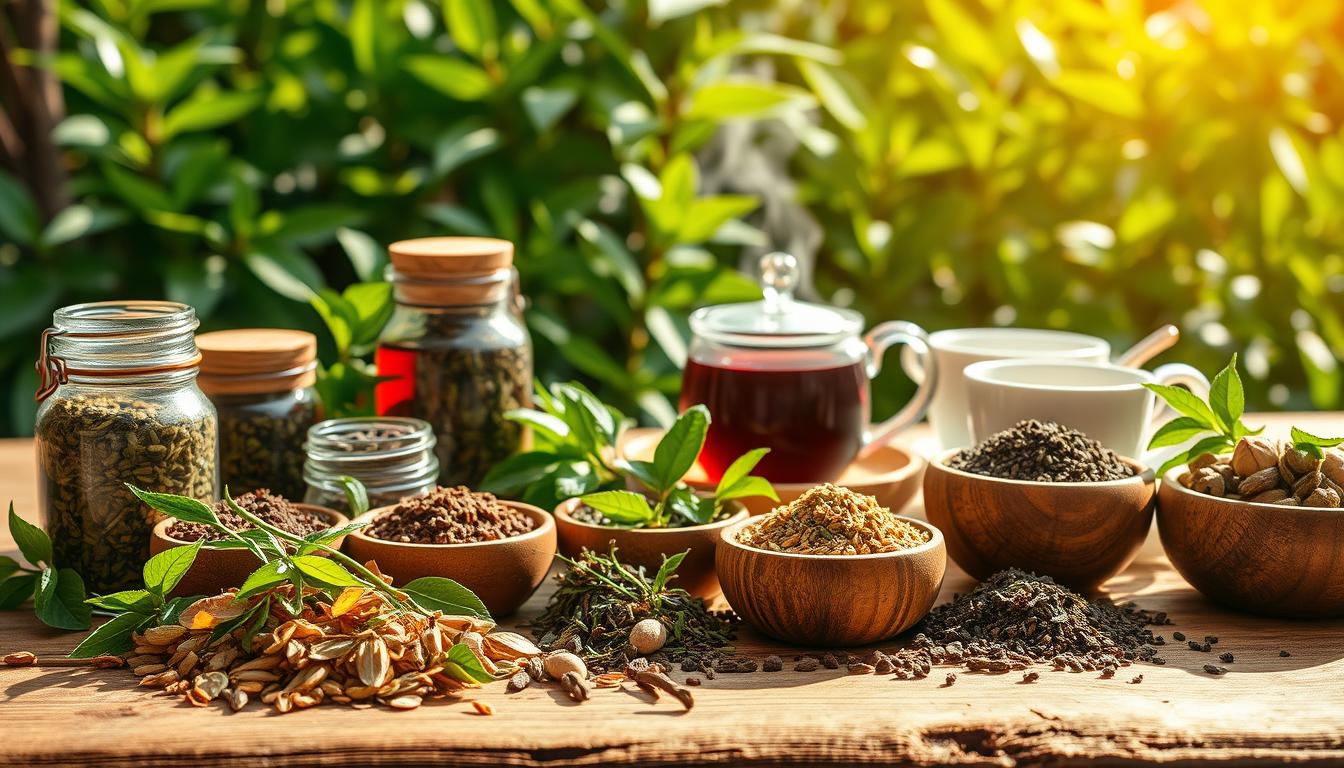Vibrant herbal teas and wellness supplements arranged on a rustic wooden table, bathed in warm, natural lighting. In the foreground, an assortment of fragrant tea leaves, aromatic herbs, and earthy supplements in glass jars and wooden bowls. In the middle ground, a steaming teapot and delicate teacups, evoking a sense of calm and relaxation. The background features lush, verdant foliage, suggesting a connection to nature and the restorative properties of the displayed items. The overall composition conveys a soothing, holistic atmosphere perfect for promoting stress relief and general well-being.
