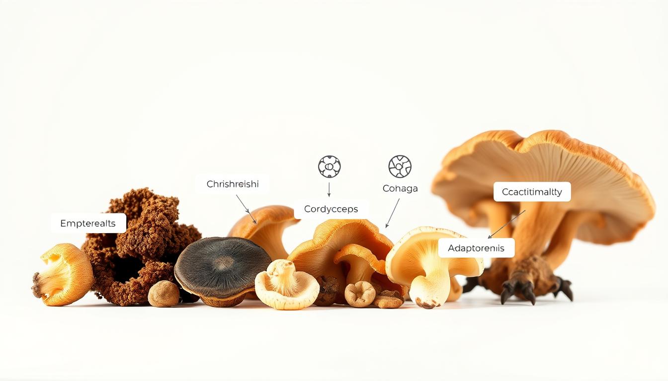 Vibrant, high-definition image of the top medicinal mushrooms and their health benefits. In the foreground, a cluster of reishi, chaga, and cordyceps mushrooms arranged artfully against a plain, white background. The textures and colors of the mushrooms are captured in vivid detail, showcasing their distinctive features. In the middle ground, floating text labels and icons highlighting the key therapeutic properties of each mushroom, such as immune-boosting, anti-inflammatory, and adaptogenic effects. The background is softly blurred, allowing the focus to remain on the mushrooms and their benefits. Bright, natural lighting from the side casts a warm, inviting glow on the scene. The overall composition is visually striking and informative, perfectly suited to illustrate the section on top medicinal mushrooms.