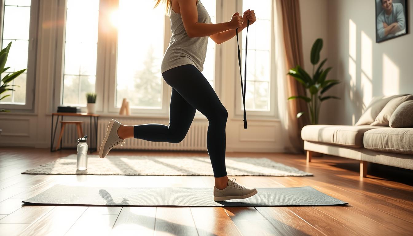 Vibrant, high-energy scene of a person performing a series of quick, efficient exercises in a bright, airy home setting. The foreground features the figure in dynamic motion, legs and arms moving with purpose, muscles engaged. The middle ground shows minimal, modern home decor elements like a sleek yoga mat, resistance bands, and water bottle. The background is filled with warm, natural lighting streaming through large windows, creating a welcoming, motivating atmosphere. The overall composition captures the essence of "movement snacks" - brief, impactful bursts of activity that can be easily integrated into daily life.