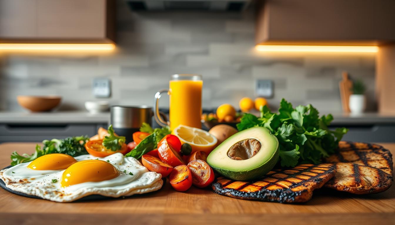Vibrant, high-protein breakfast spread showcased in a modern, stylish kitchen setting. An array of elements in the foreground, including sizzling eggs, grilled vegetables, sliced avocado, and grilled chicken or turkey, all arranged artfully on a wooden table. The middle ground features a sleek coffee mug and glass of freshly squeezed juice, with a neutral-toned backsplash and minimalist shelving in the background. Soft, diffused lighting creates a warm, inviting atmosphere, highlighting the vibrant colors and textures of the healthy, satisfying breakfast options.