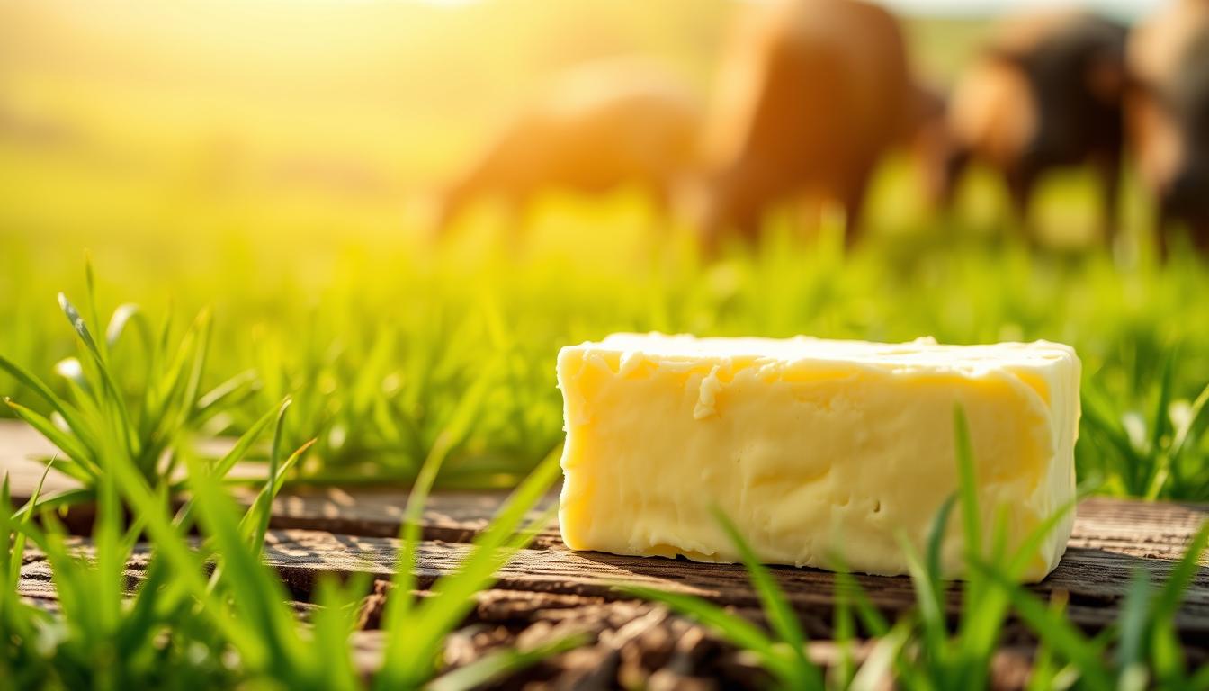 Vibrant, high-quality grass-fed butter in close-up, with a soft, creamy texture and a golden hue. The butter glistens under a warm, natural light, casting a gentle glow. In the foreground, the butter is presented on a rustic wooden surface, surrounded by lush, verdant grass. The background features a blurred, pastoral landscape, hinting at the butter's pure, farm-fresh origins. The image conveys the rich, nourishing essence of this vitamin-packed superfood, perfectly capturing the key nutritional benefits of grass-fed butter.