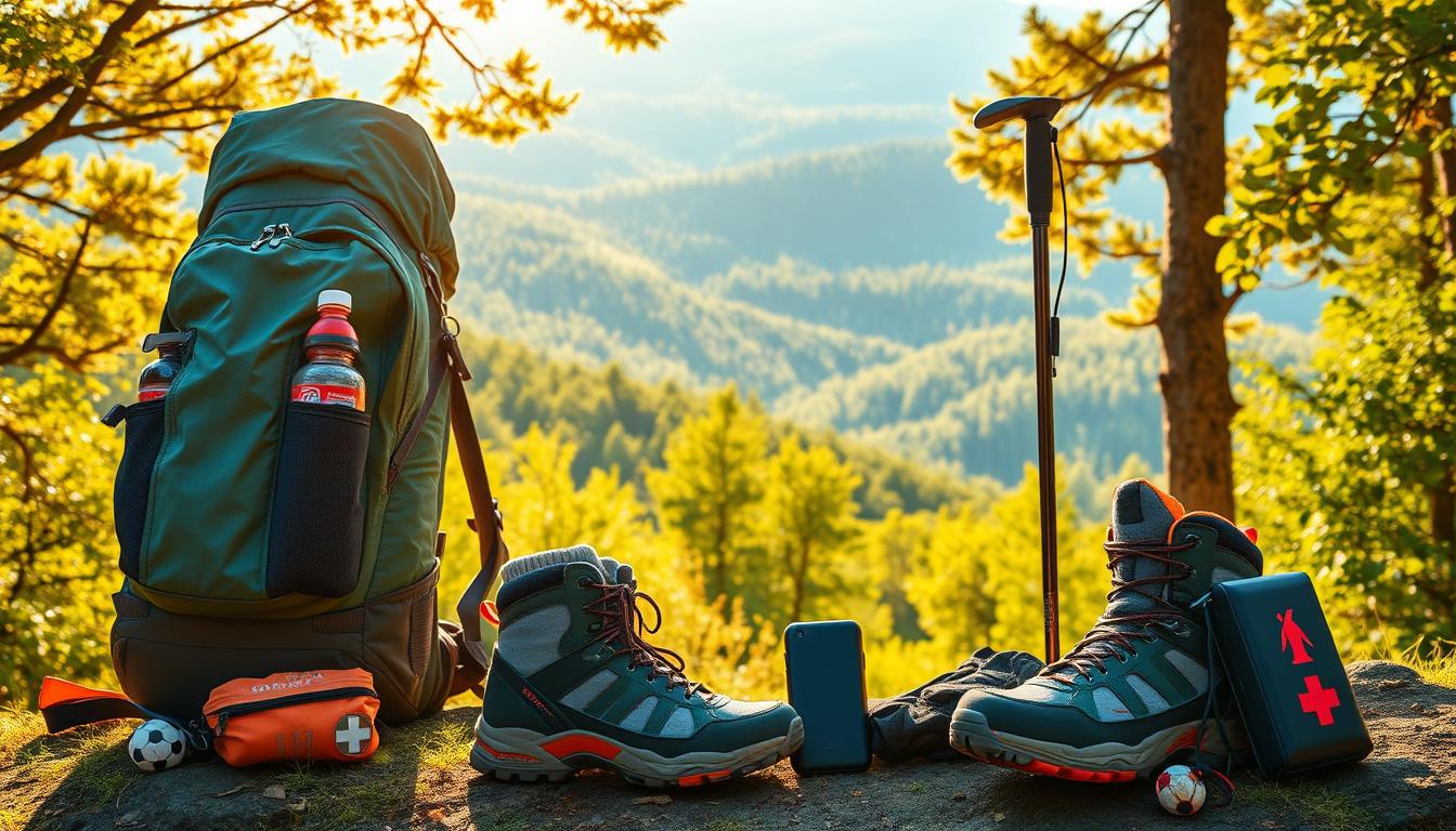 Vibrant hiking gear essentials for fat-burning trails: a rugged backpack with water bottle holders, a lightweight but durable windbreaker, moisture-wicking hiking socks, sturdy and well-cushioned hiking boots, a hiking pole for stability on uneven terrain, a compact first-aid kit, and a portable power bank to keep devices charged. The scene is set against a backdrop of lush, verdant forests and rolling hills, bathed in warm, golden sunlight that filters through the canopy of trees, creating a sense of adventure and exploration. Vibrant hiking gear essentials for fat-burning trails: a rugged backpack with water bottle holders, a lightweight but durable windbreaker, moisture-wicking hiking socks, sturdy and well-cushioned hiking boots, a hiking pole for stability on uneven terrain, a compact first-aid kit, and a portable power bank to keep devices charged. The scene is set against a backdrop of lush, verdant forests and rolling hills, bathed in warm, golden sunlight that filters through the canopy of trees, creating a sense of adventure and exploration.