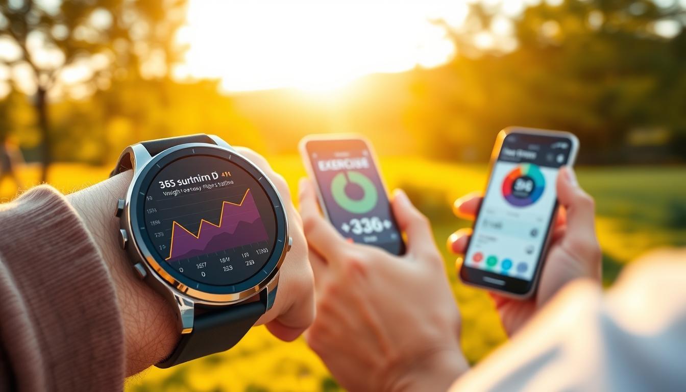 Vibrant, holistic depiction of "vitamin D progress tracking" for an article on the link between sunlight, steps, and weight loss. In the foreground, a modern smartwatch displays a colorful graph charting daily sunlight exposure and vitamin D levels over time. The middle ground features a person's hands holding a smartphone, with a fitness app interface showing step count and exercise data. The background showcases a scenic outdoor landscape bathed in warm, golden sunlight, symbolizing the importance of natural light and movement. Crisp, high-resolution photography with a shallow depth of field, highlighting the key data visualizations while maintaining an organic, lifestyle-inspired aesthetic.