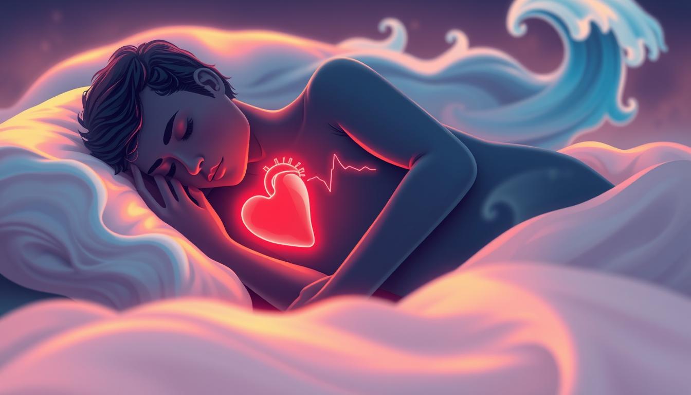 Vibrant illustration of a sleeping human figure, their heartbeat represented by a glowing red pulse radiating from their chest. The figure is surrounded by a swirling, dreamlike environment, with cascading blue waves symbolizing the rhythm of their sleep cycle. Soft, diffused lighting casts a warm, serene atmosphere, emphasizing the connection between heart health and quality sleep. The foreground is sharply focused, drawing the viewer's attention to the central figure, while the background remains subtly blurred, creating a sense of depth and introspection. The overall composition conveys the importance of sleep as a silent guardian of cardiovascular well-being.