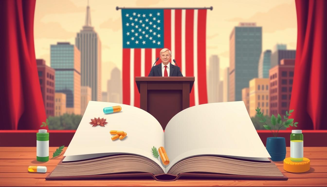 Vibrant illustration of homeopathy regulations in the United States. Foreground depicts an open medical book with symbols of alternative medicine and natural remedies. Middle ground shows a government official podium with an American flag backdrop, representing the legislative and regulatory process. Background features a cityscape with modern skyscrapers, hinting at the urban healthcare landscape. Soft lighting, warm color palette, and a sense of balance between traditional and contemporary elements. Conveys the complex and nuanced intersection of homeopathy and government oversight in the US.