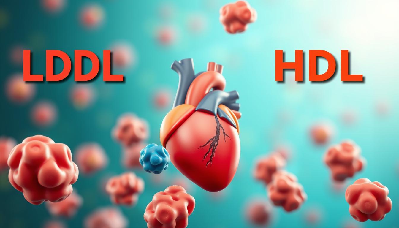 Vibrant illustration showcasing the contrast between LDL (low-density lipoprotein) and HDL (high-density lipoprotein) cholesterol. In the foreground, a detailed, three-dimensional representation of the two cholesterol types, with LDL depicted as larger, irregular shapes in shades of red and orange, while HDL appears as smaller, more uniform spheres in blues and greens. The middle ground features a stylized human heart, with the cholesterol particles interacting with it. The background is a bright, gradient-filled scene, conveying the dynamic nature of cholesterol's role in cardiovascular health.