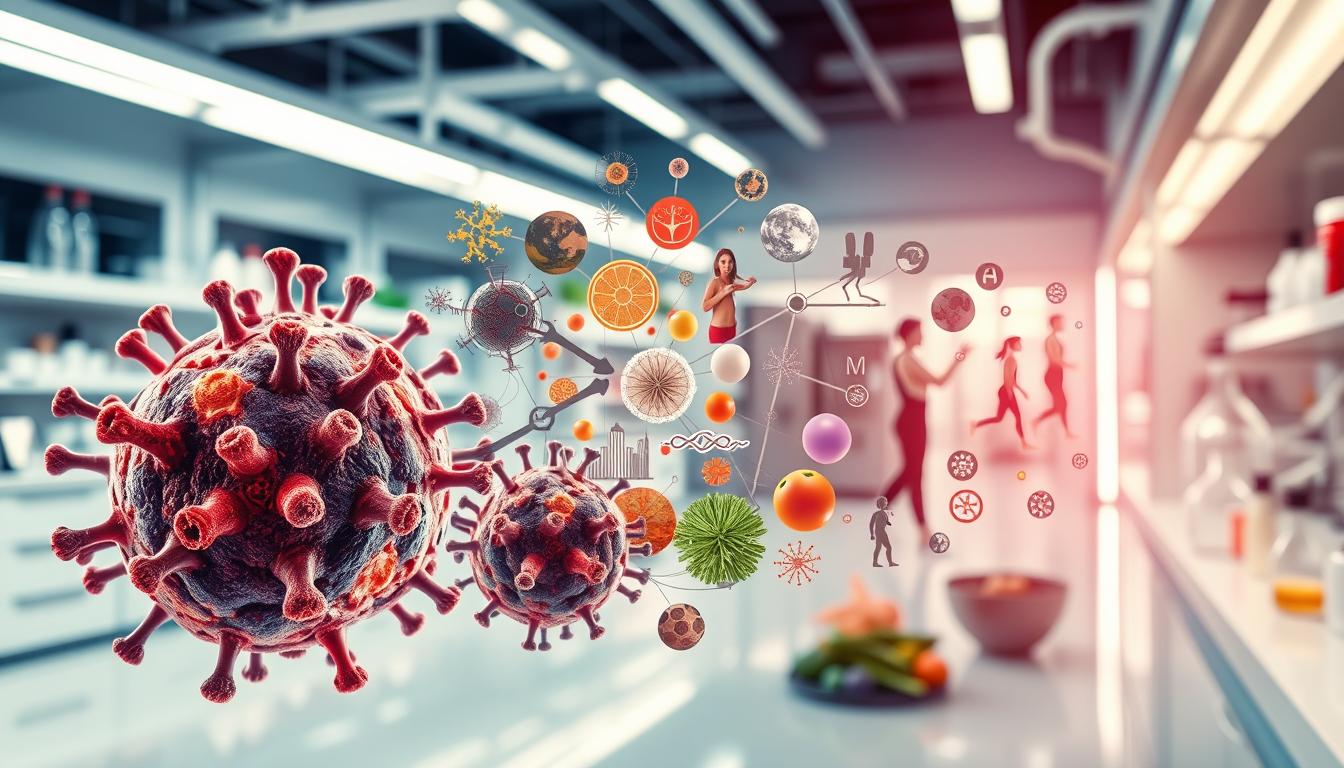 Vibrant image of a scientific exploration into the complex relationship between lifestyle factors and cancer. In the foreground, detailed molecular models of cancerous cells and cellular processes, rendered with precise, high-definition detail. In the middle ground, a diverse array of lifestyle elements - nutrition, exercise, stress management, environmental exposures - interwoven with the scientific imagery, symbolizing their interconnected influence. The background features a clean, contemporary laboratory setting, with sleek equipment and dynamic lighting that emphasizes the cutting-edge nature of this research. An atmosphere of discovery, innovation, and the pursuit of a deeper understanding of how our choices shape our health.