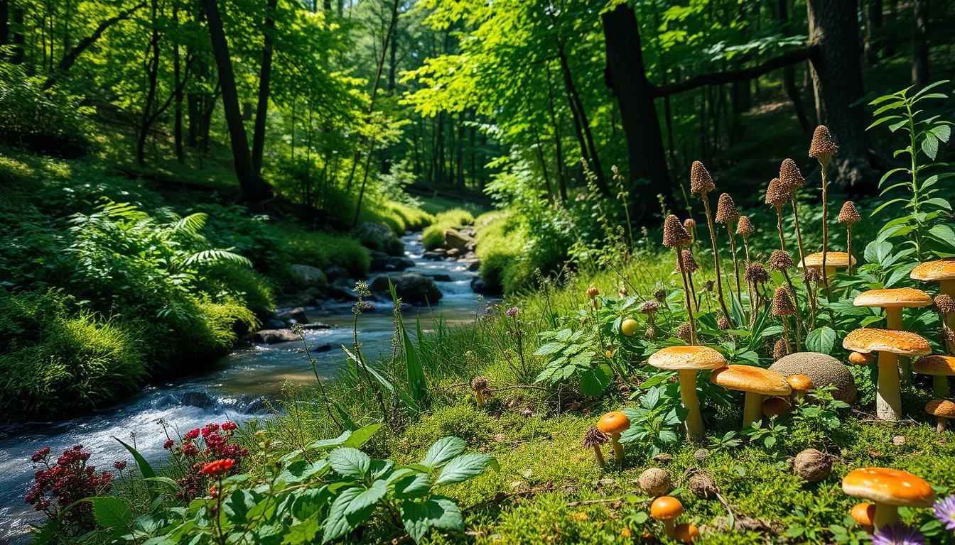 Vibrant landscape of a lush forest glade, dappled with sunlight filtering through the canopy. In the foreground, a variety of wild edible plants and mushrooms grow abundantly, their colors and textures inviting closer inspection. A tranquil stream flows through the scene, its gentle ripples reflecting the greenery above. Clusters of berries, nuts, and fragrant herbs are dotted throughout, symbolizing the wealth of nourishment found in nature. The overall atmosphere conveys a sense of holistic wellness, where the elements of earth, air, water, and sunlight converge to support physical and mental wellbeing.