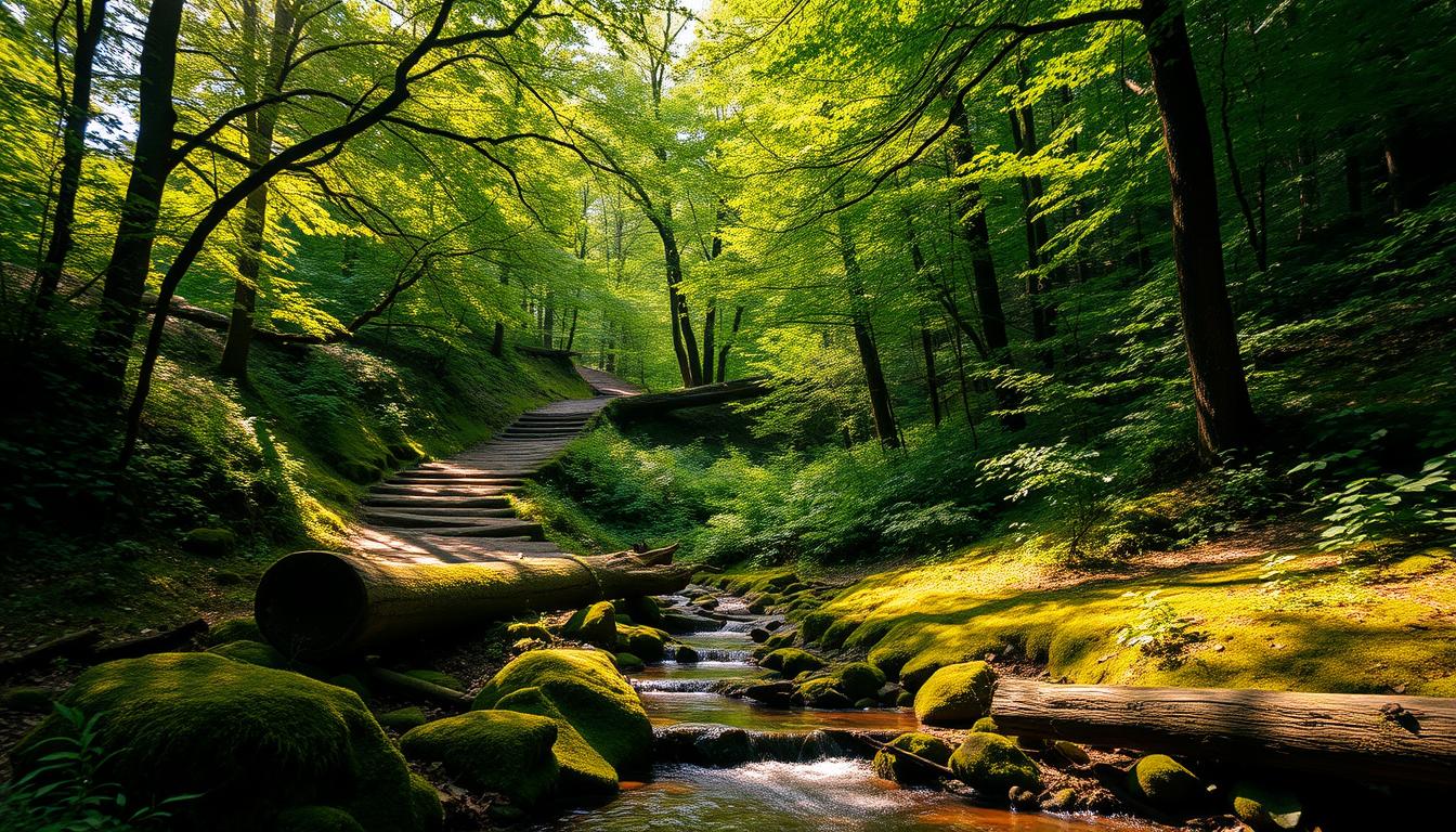 Vibrant landscape of a tranquil forest glen, with a winding path leading through lush greenery. Dappled sunlight filters through the canopy, casting a warm, golden glow on the scene. In the foreground, a small stream gently flows, its soothing sound inviting visitors to slow down and immerse themselves in the natural environment. Moss-covered rocks and fallen logs create a sense of timelessness, while the dense foliage on either side of the path suggests a secluded, serene sanctuary, free from the distractions of the outside world. The overall atmosphere evokes a feeling of calm and restoration, encouraging the viewer to disconnect from daily stresses and fully embrace the restorative power of nature.