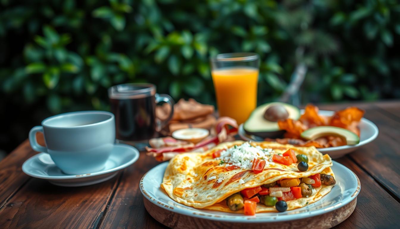 Vibrant low carb breakfast omelette options arranged artfully on a rustic wooden table. In the foreground, a fluffy egg omelette stuffed with sautéed vegetables and a sprinkle of cheese. Beside it, a side of crisp bacon and avocado slices. In the middle ground, a glass of freshly squeezed orange juice and a cup of steaming black coffee. The background features a lush, out-of-focus greenery, creating a serene, natural atmosphere. Soft, diffused lighting highlights the vibrant colors and textures of the dishes. Captured with a wide-angle lens to showcase the assortment of low carb breakfast items.